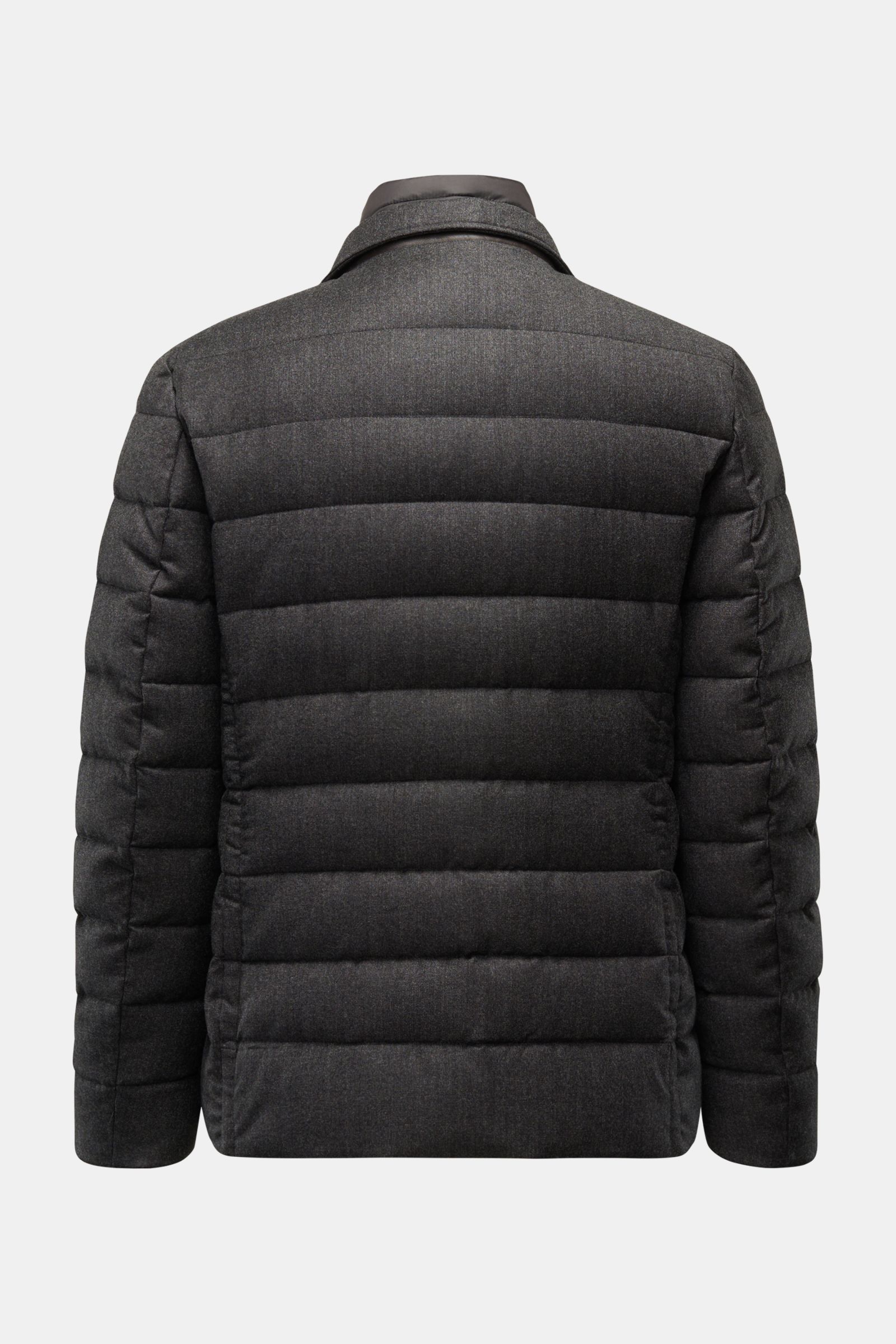 Moorer Daunenjacke 'Nomos' dunkelgrau meliert, Rückansicht, gesteppte Blazerform, reine Wolle, Gänsedaunenfüllung, Slim Fit, Reverskragen, Double-Front mit Zipper.