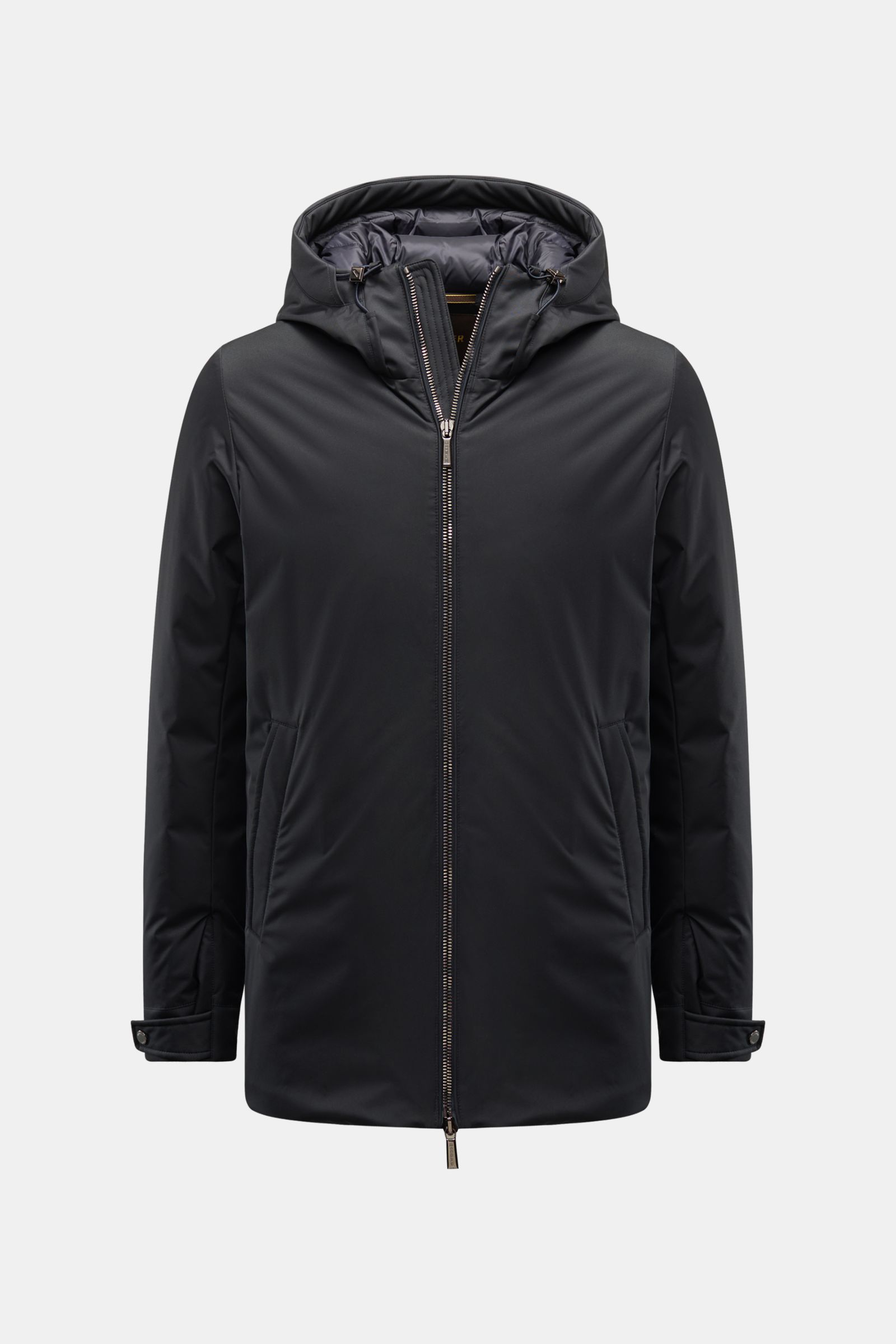 Moorer Jacke 'Pericle' navy, frontal fotografiert, Slim Fit, wind- und wasserabweisend, Daunenfüllung, Kapuze, Zipper-Fronttaschen, regulierbar, für –20 °C.