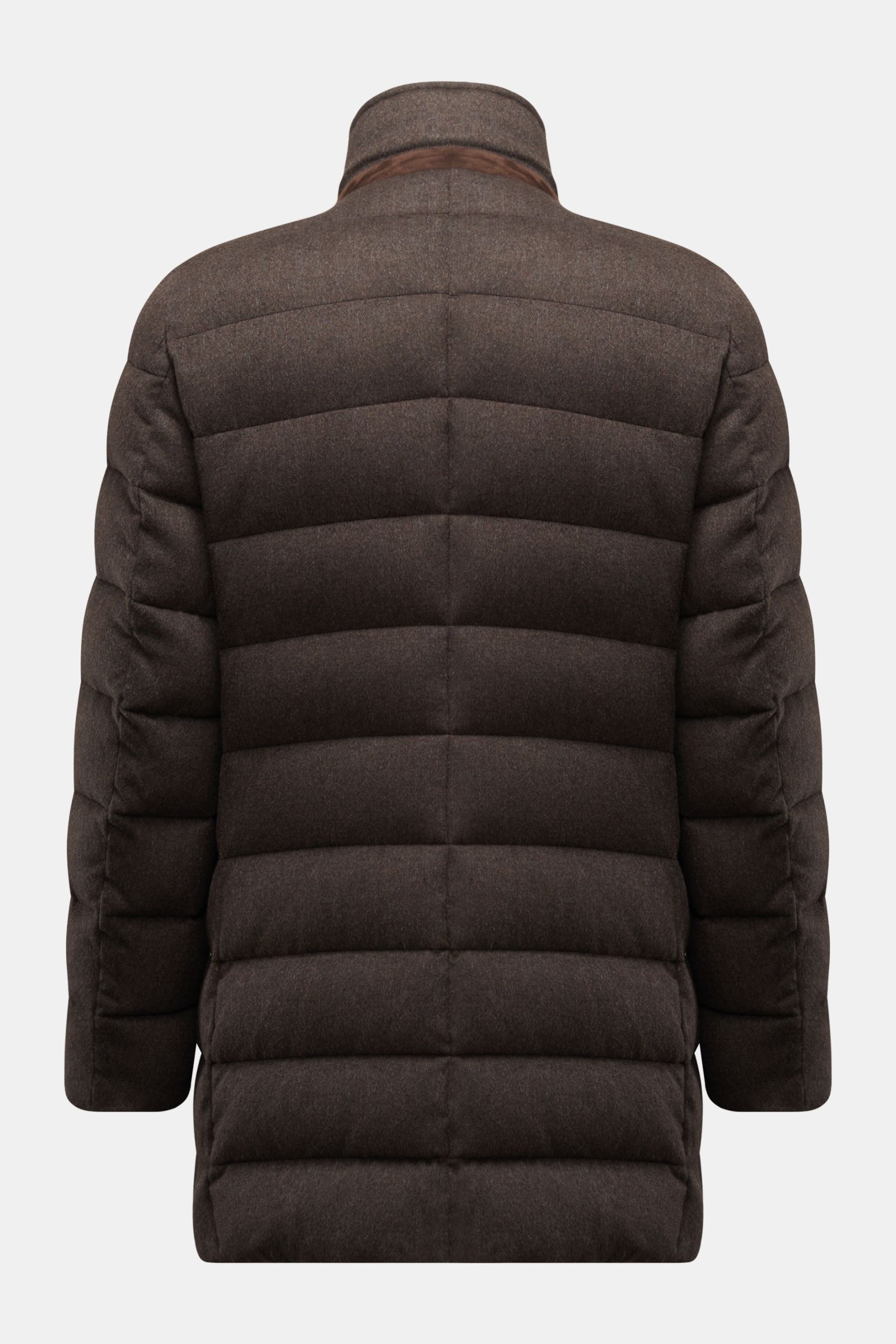 Moorer Daunenjacke 'Costanzo' dunkelbraun, Rückansicht, gesteppter Wolle-Cashmere-Mix, Slim Fit, wärmende Daunenfüllung, hoch schließender Kragen.