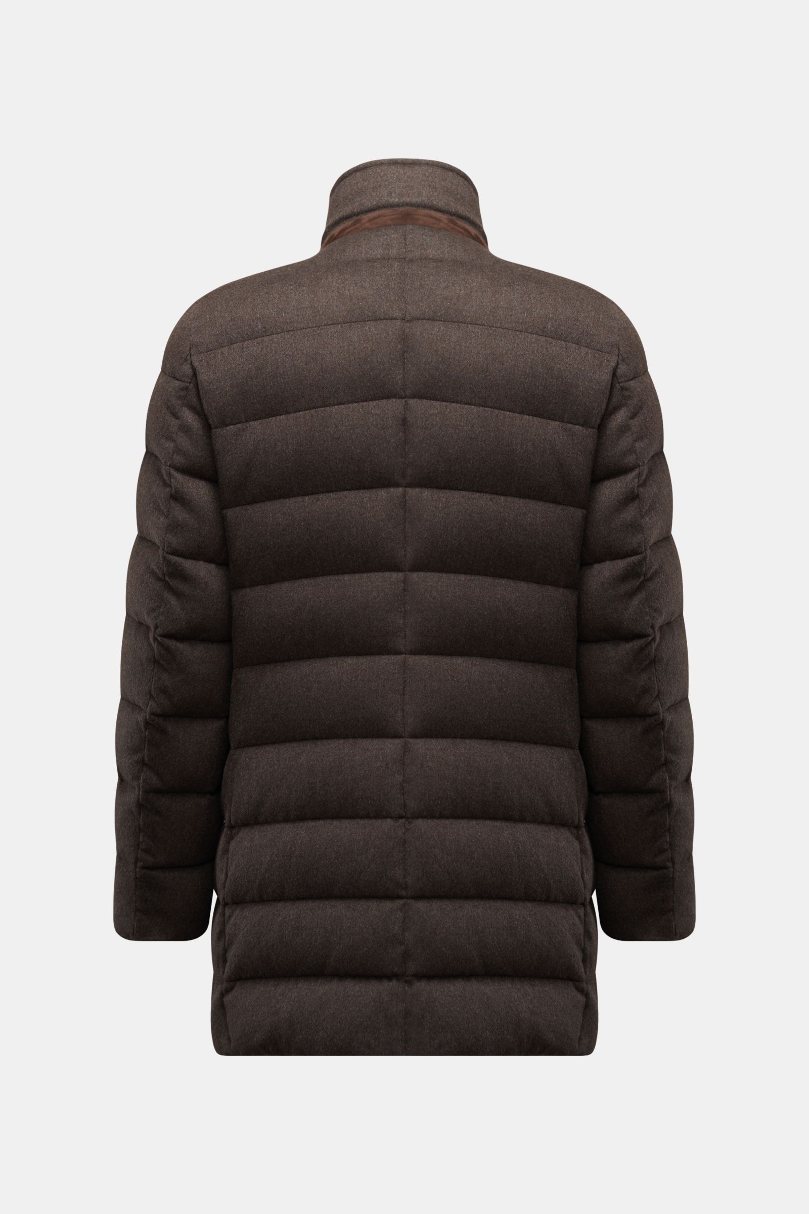 Rückansicht der Moorer Daunenjacke 'Costanzo' dunkelbraun aus Wolle-Cashmere-Mix, slim Fit, gesteppte Daunenfüllung, hoher Kragen.