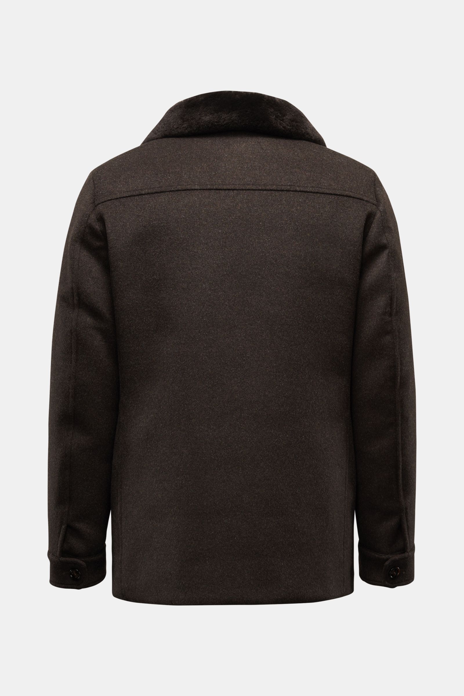 Moorer Daunenjacke 'Teodor' graubraun Rückansicht, Slim Fit, Woll-Cashmere-Mix, variabler Kragen mit Schaffell, Fünf-Knopf-Leiste, Daunenfüllung, Innentaschen.