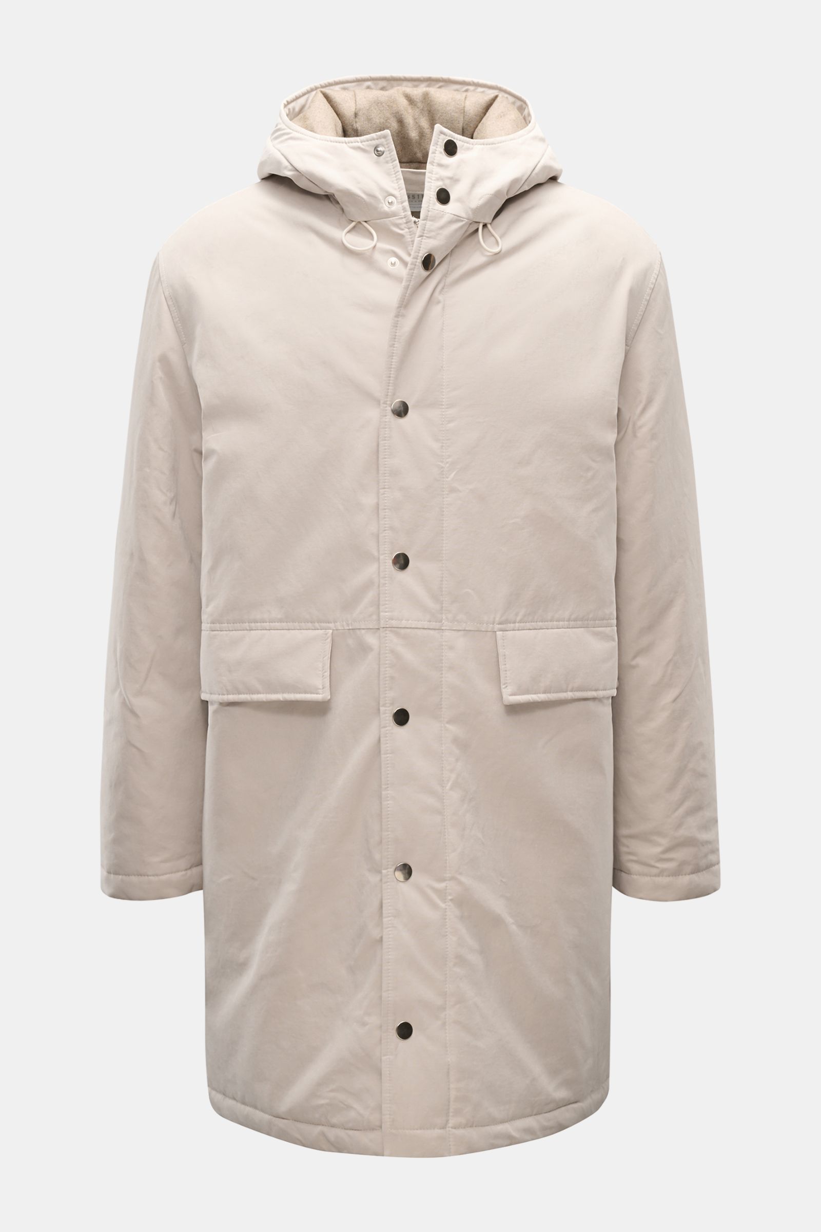 Front view of the 04651/ A trip in a bag Parka 'MC26' sand made from lightly waxed cotton with wool-mix lining, high collar, hood, two-way zipper, snap-button wind flap, large flap pockets, and inner pocket; inspired by the Winter Olympics in Cortina and 