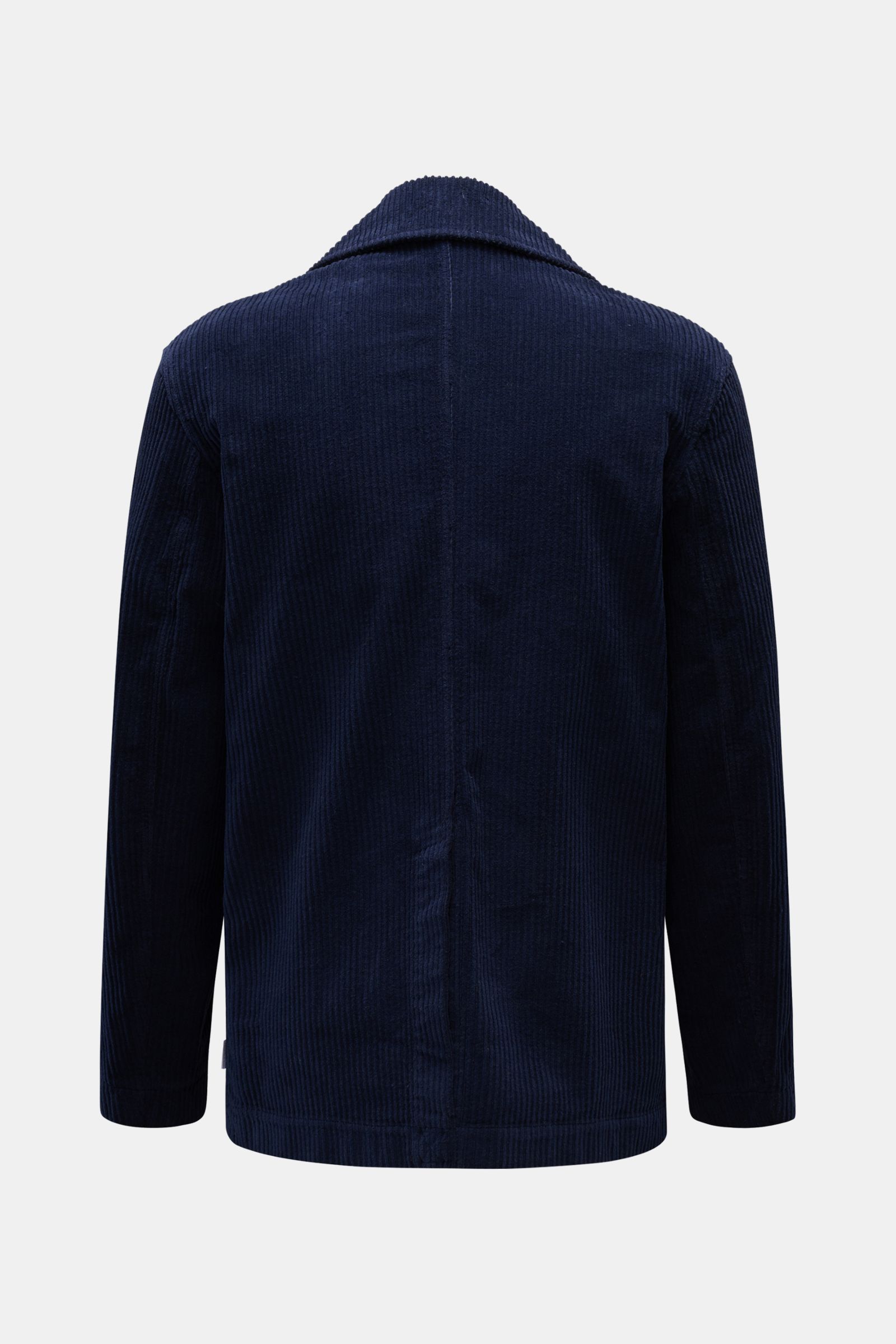 Rear view of the 04651/ A trip in a bag Corduroy pea coat navy, made of wide wale cotton corduroy with a centre back vent, showing its slim fit and voluminous texture. 

Make a statement this autumn with the pea coat 'Cord Peacoat' by 04651/ A TRIP IN 