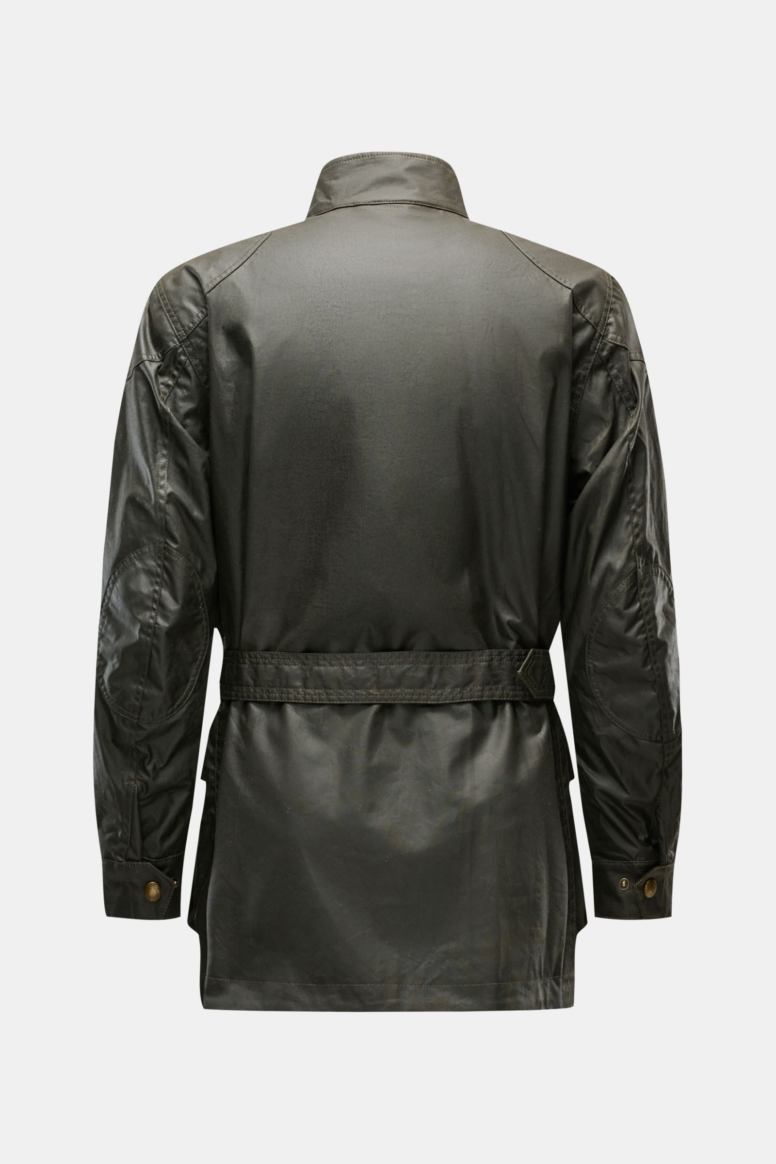 Belstaff Wachsjacke 'Trialmaster' dark olive, Rückansicht, gewachste, wasserabweisende Baumwolle, Slim Fit, Taillengürtel, verstärkte Schultern und Ellenbogen, Cordkragen.