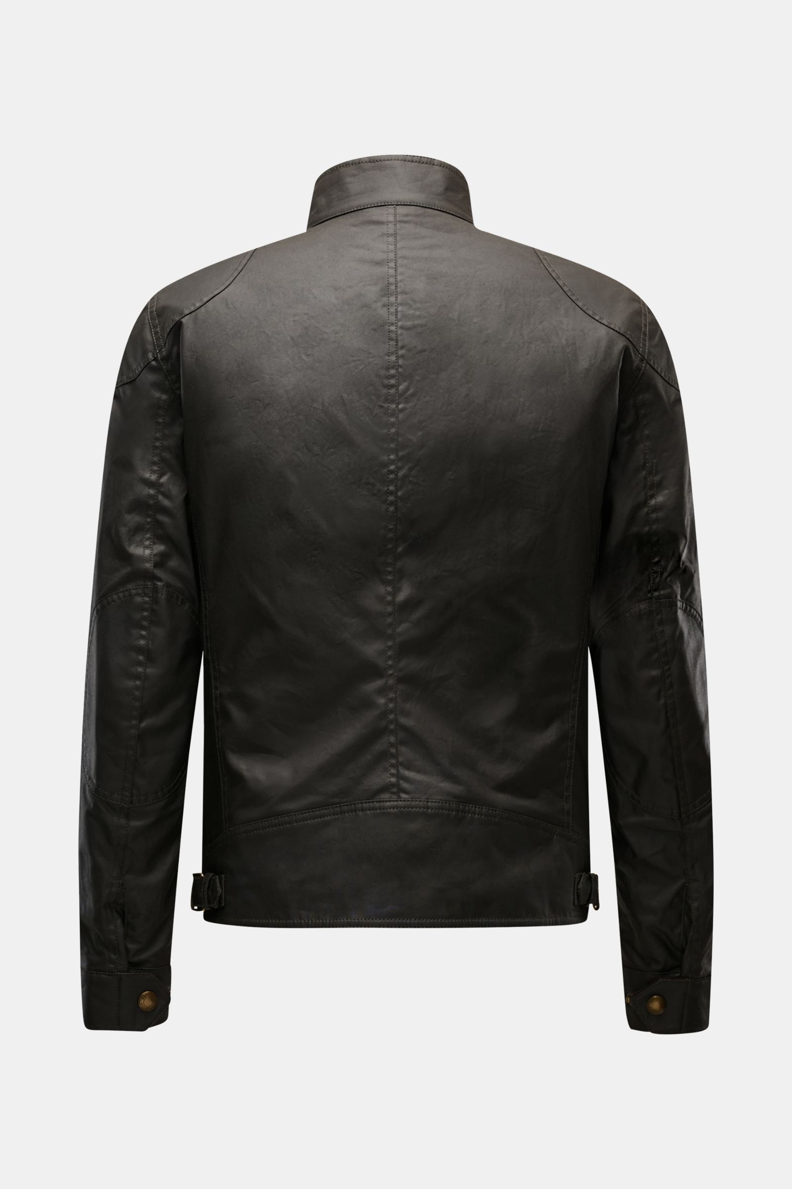 Belstaff Wachsjacke 'Racemaster' dark olive im Slim Fit, Rückansicht, gewachste Baumwolle, Stehkragen, robuste Details, Outdoor-Klassiker.