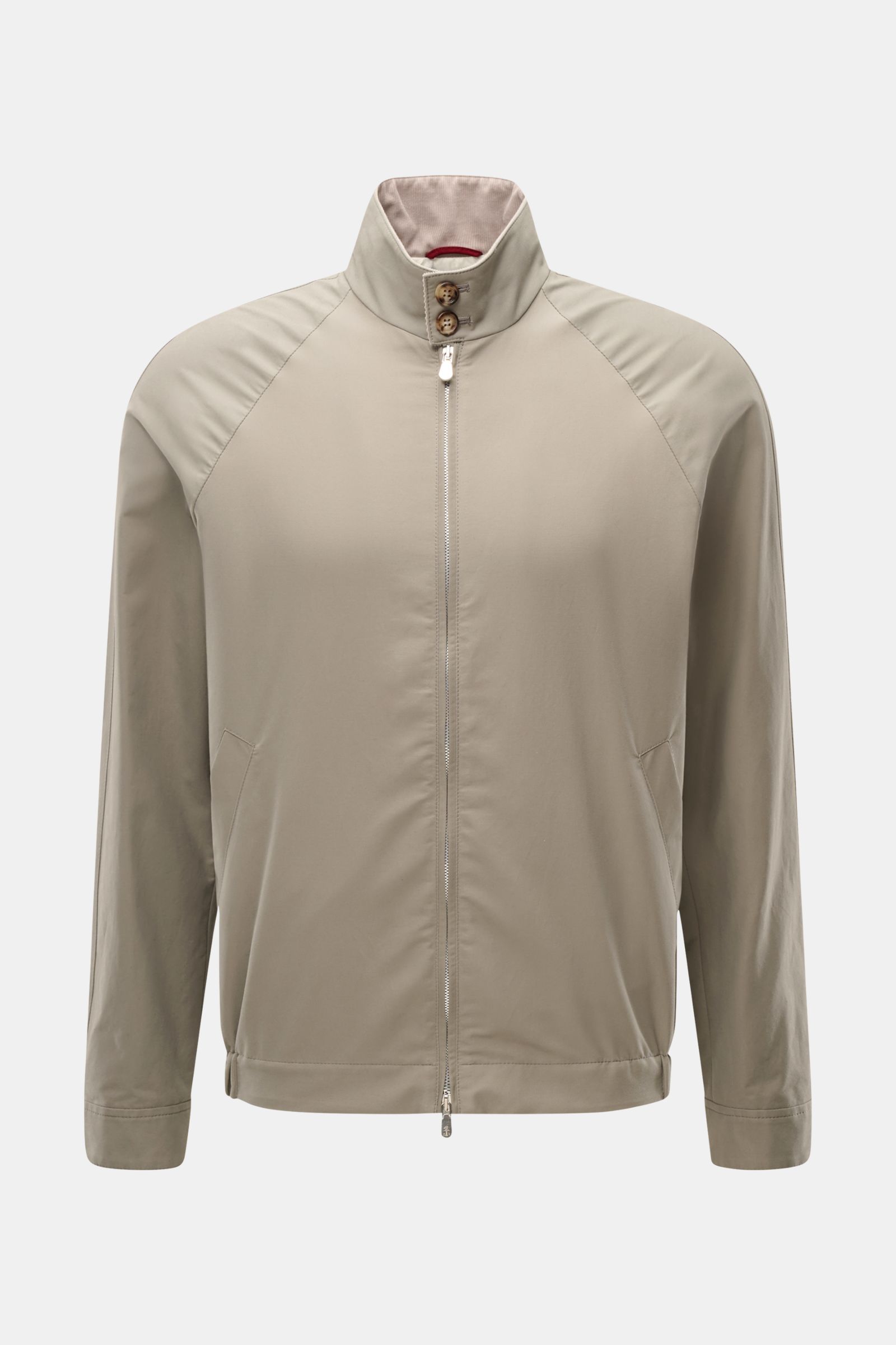 Front view of the Brunello Cucinelli Blouson salbei in beige, showcasing a slim fit, water-repellent cotton-microfiber twill with fine corduroy details, stand collar with button tab, raglan sleeves, two-way zipper, slanted welt pockets, elastic hem, butto