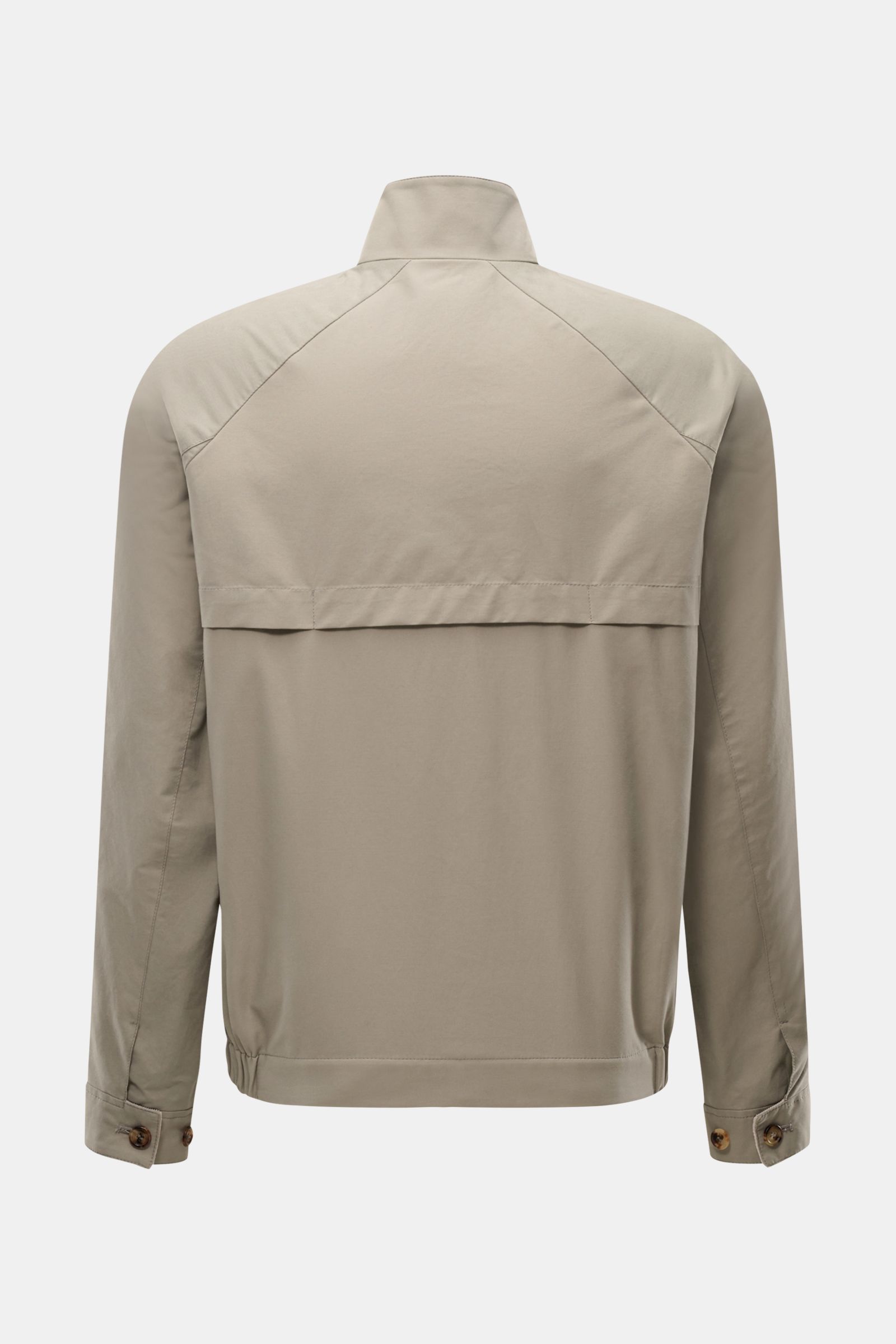 Back view of the Brunello Cucinelli Blouson salbei in a slim fit, showing water-repellent cotton-microfiber twill, raglan sleeves, stand-up collar with button tab, fine corduroy details, elastic hem, and buttoned cuffs, photographed against a plain backgr