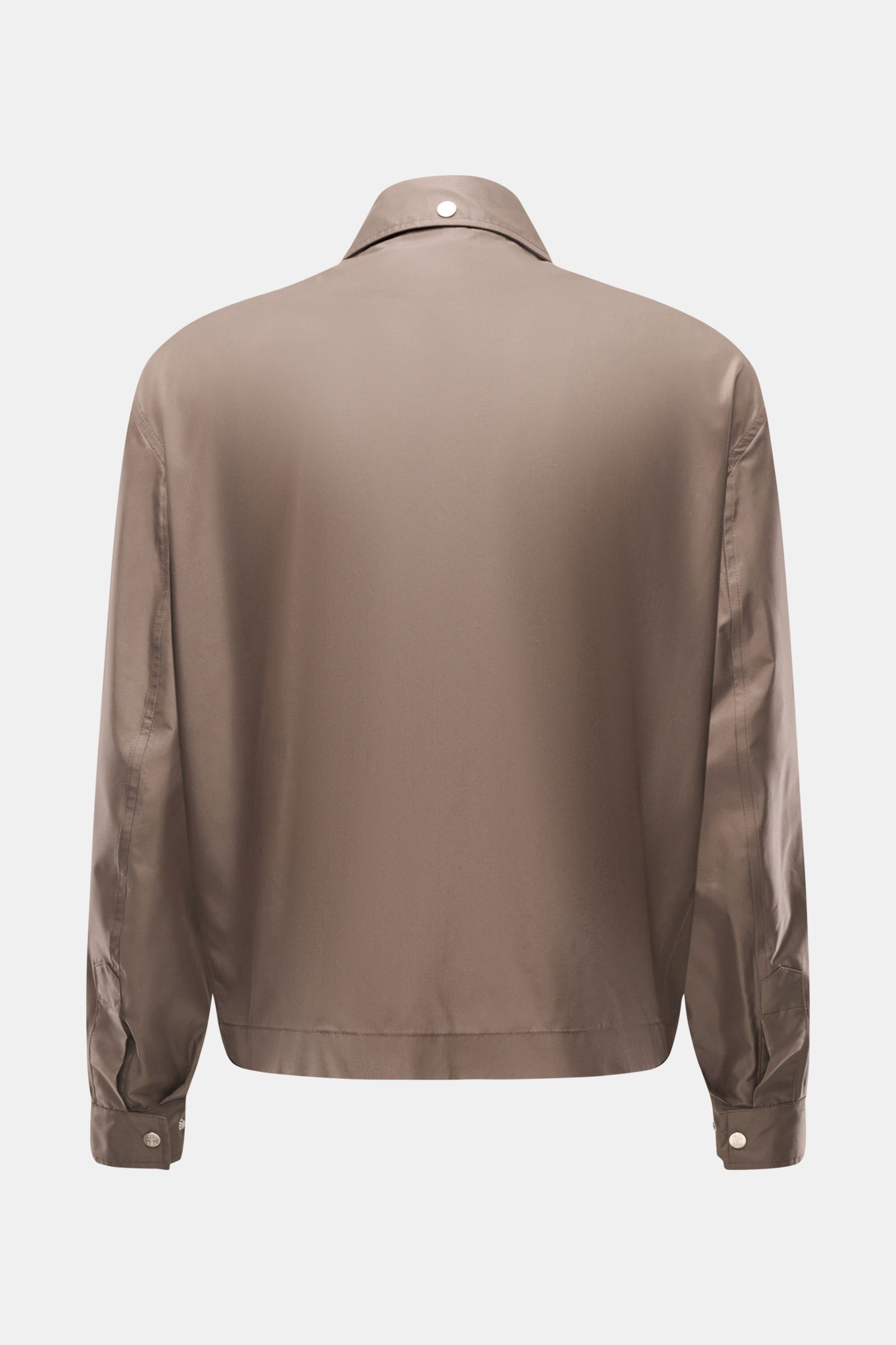 Brunello Cucinelli Jacke taupe shown from the back, slim fit with smooth silk-microfiber mix, unconstructed design, cuffed sleeves, and collar.