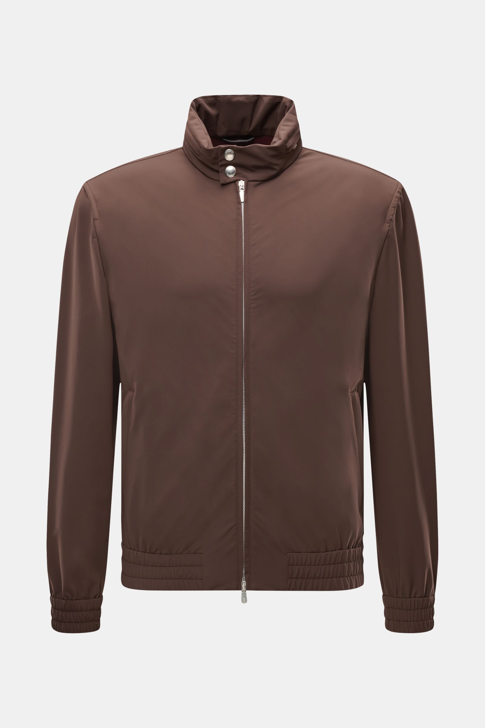 Front view of a Brunello Cucinelli Blouson grau meliert, lightweight and elegant with a slim fit, two-way zipper, stand collar, and elastic hem.