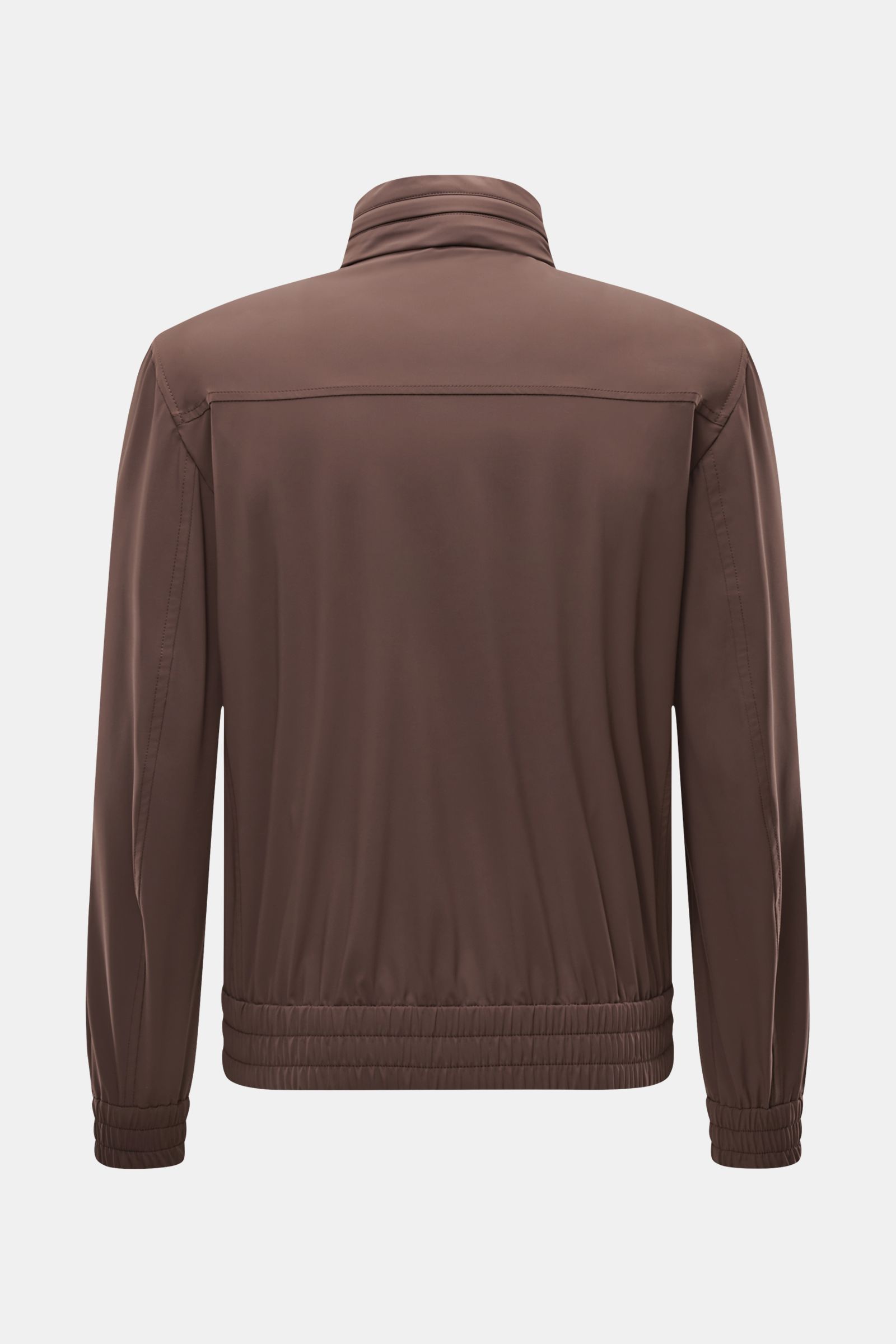 Back view of a Brunello Cucinelli Blouson grau meliert, photographed from behind, showcasing its lightweight, elegant mix of silk, linen, and wool with a slim fit, stand-up collar, elastic hem, and cuffed sleeves. Leicht, edel und mit unverwechselbarer Pr