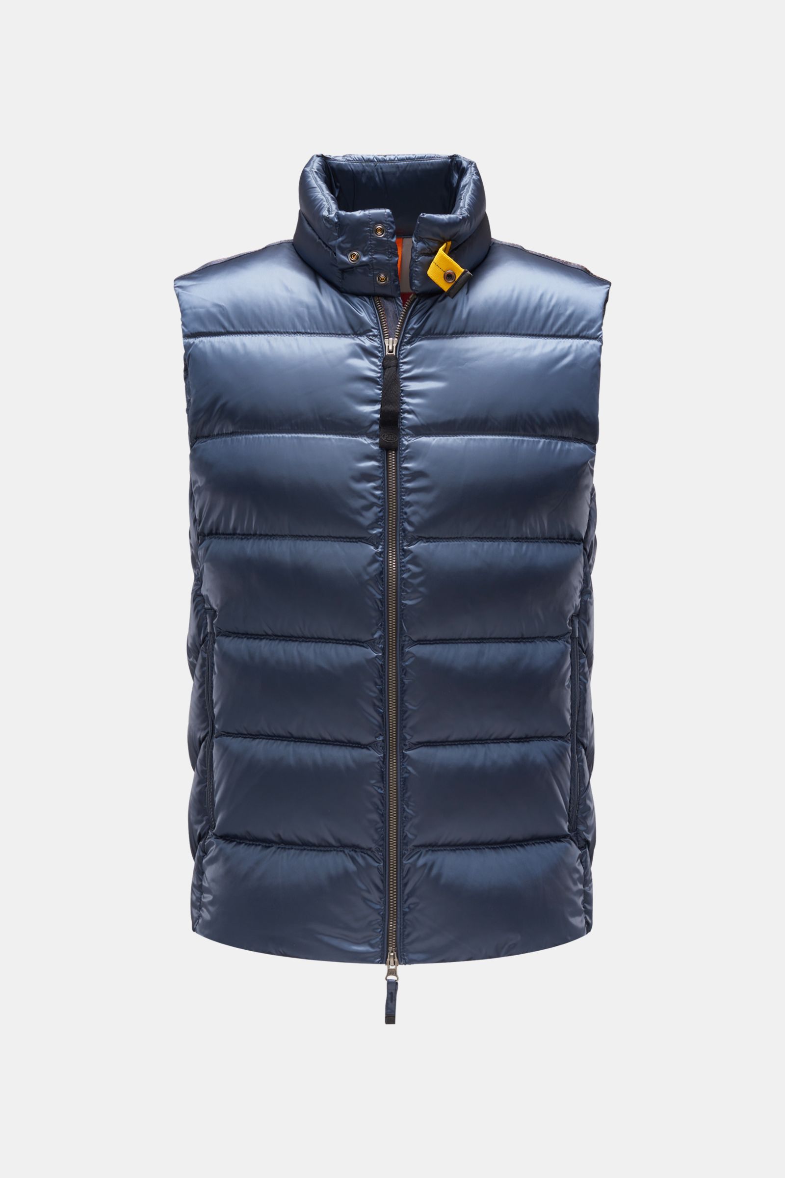 Parajumpers Daunenweste 'Jeordie' navy, frontal fotografiert, leichte, wind- und wasserabweisende Microfaser, Slim Fit, mit Stehkragen, Zwei-Wege-Reißverschluss und kontrastierendem Futter.