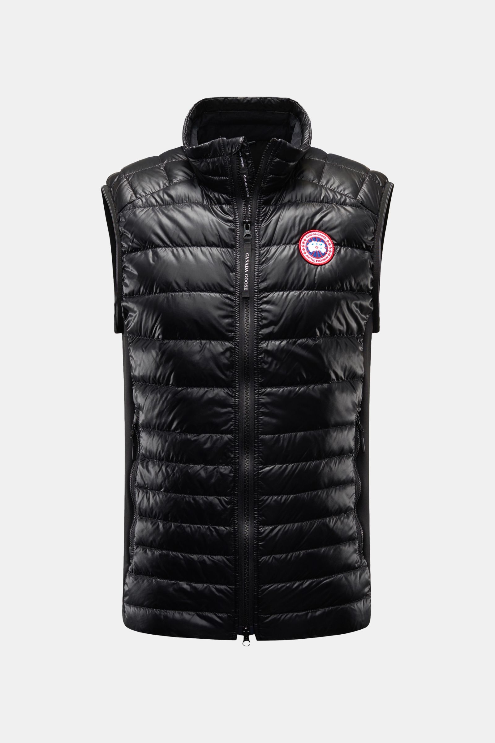 Canada Goose Daunenweste 'Hybridge Lite' schwarz, frontale Nahaufnahme, superleichte, wasserabweisende Ripstop-Microfaser mit Jersey-Seiteneinsätzen, Daunenfüllung, Slim Fit, elastische Ärmelausschnitte, zwei-Wege-Reißverschluss, Stehkragen, reflektierend