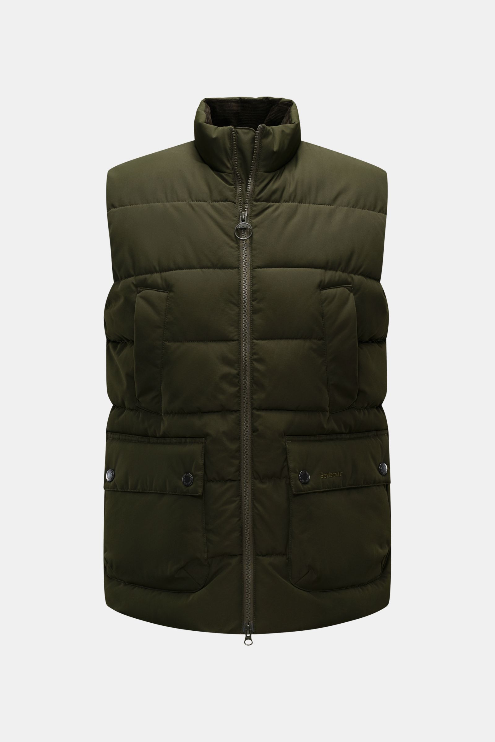 Barbour Steppweste 'Bedale Puffer' dunkelgrün, frontale Ansicht, Microfaser, wattiert, Slim Fit, hohe Kragen, Front- und Handwärmetaschen.