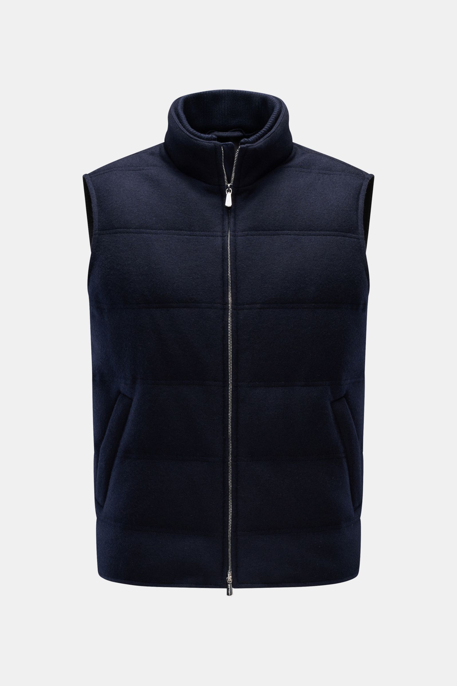 Mandelli Cashmere Daunenweste navy, frontale Nahaufnahme, Slim Fit, wärmend, elastischer Cashmere, Ziegenveloursleder-Besatz, Zwei-Wege-Reißverschluss.