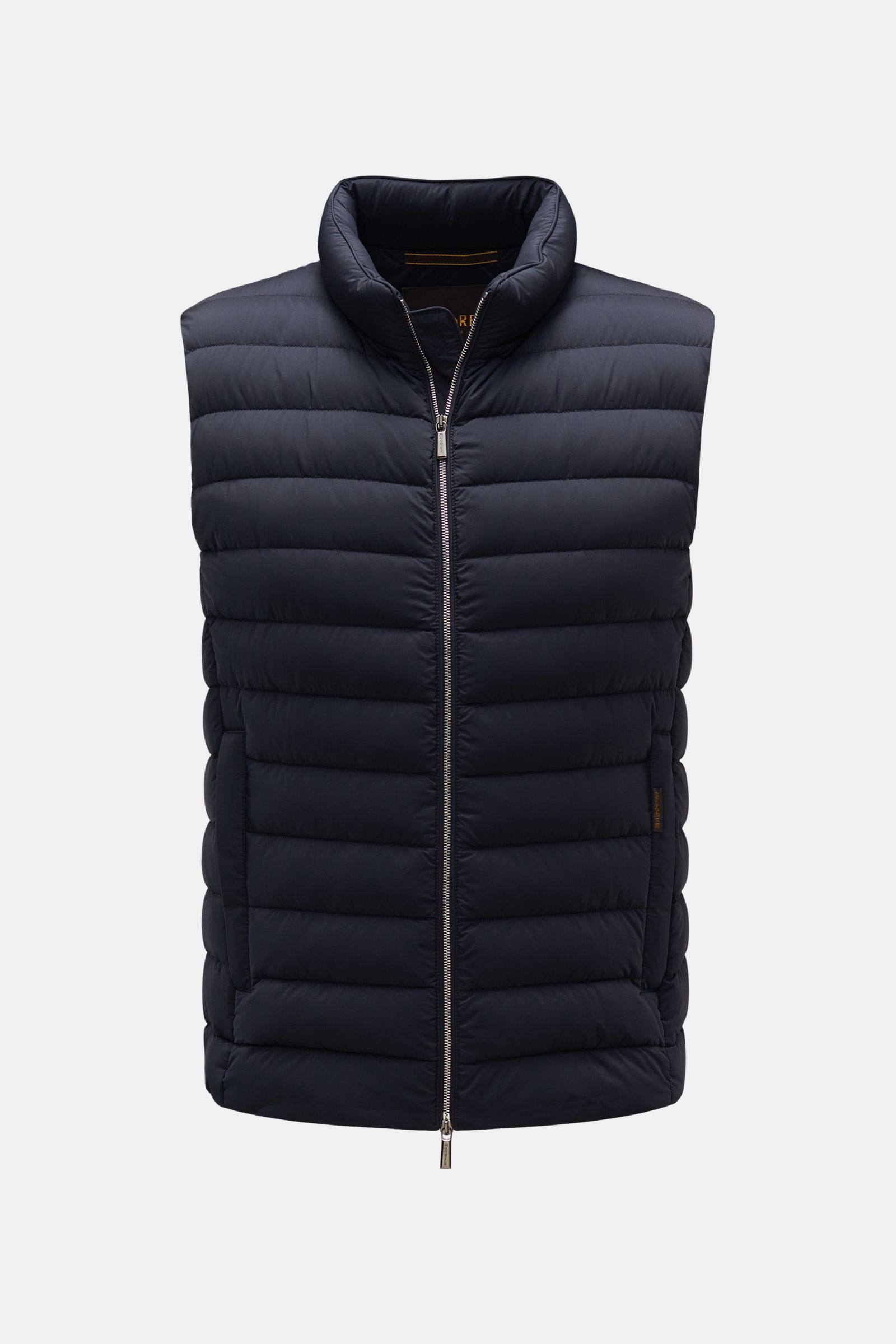 Moorer Daunenweste 'Calaf' navy, frontal fotografiert, gesteppte Outdoor-Weste aus atmungsaktiver Microfaser mit Gänsedaunenfüllung, Slim Fit, Stehkragen.