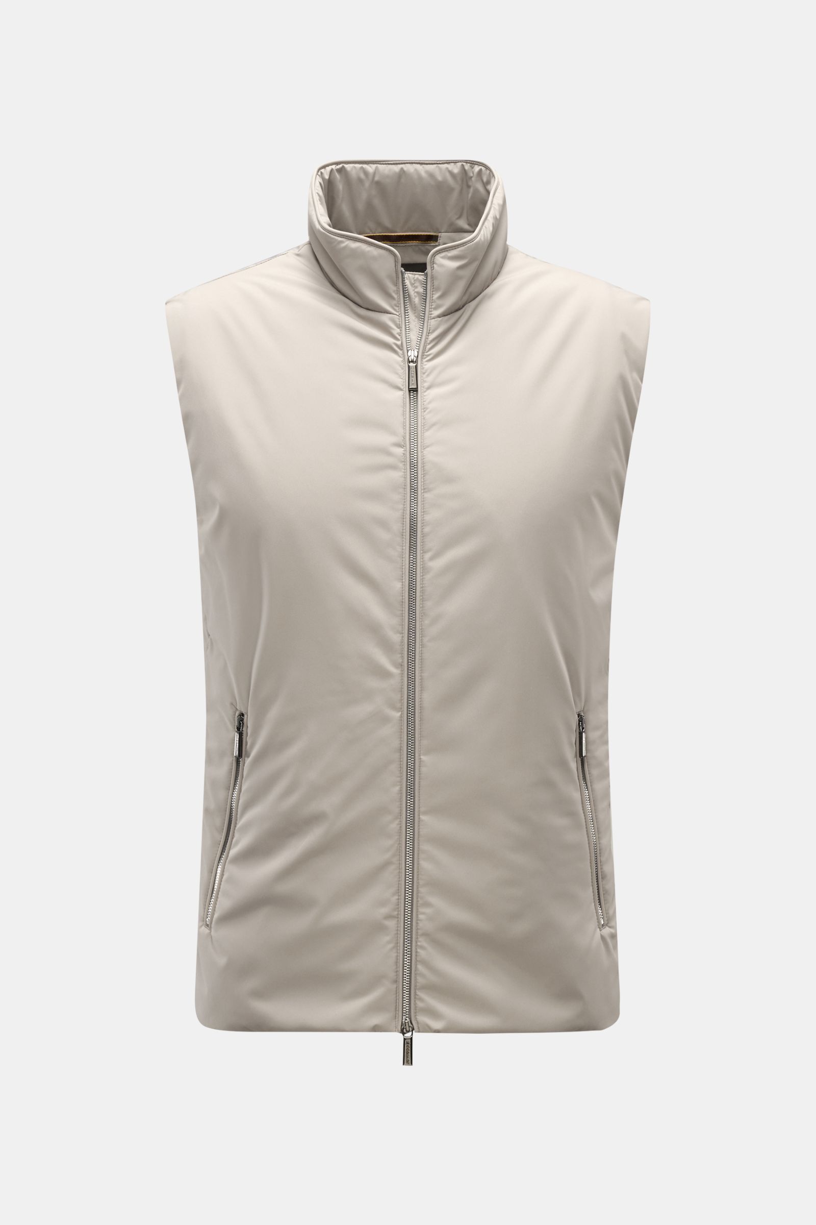 Front view of the Moorer Outdoor-Weste 'Senio-Skt' beige, a lightweight, slim fit outdoor vest with water-repellent microfiber, smooth texture, light filling, two-way zipper, narrow stand-up collar, slanted zipper front pockets, and one inner pocket, desi