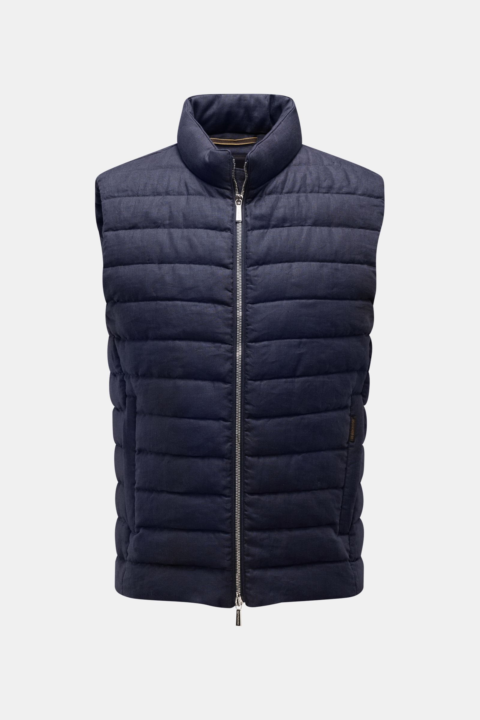 Front view of the Moorer Down gilet 'Calaf' navy mottled, a slim fit quilted outdoor vest with narrow cross quilting and two-way zip.

Additional description: Luxury of the very highest quality: Only the finest, hand-selected Siberian goose down is use