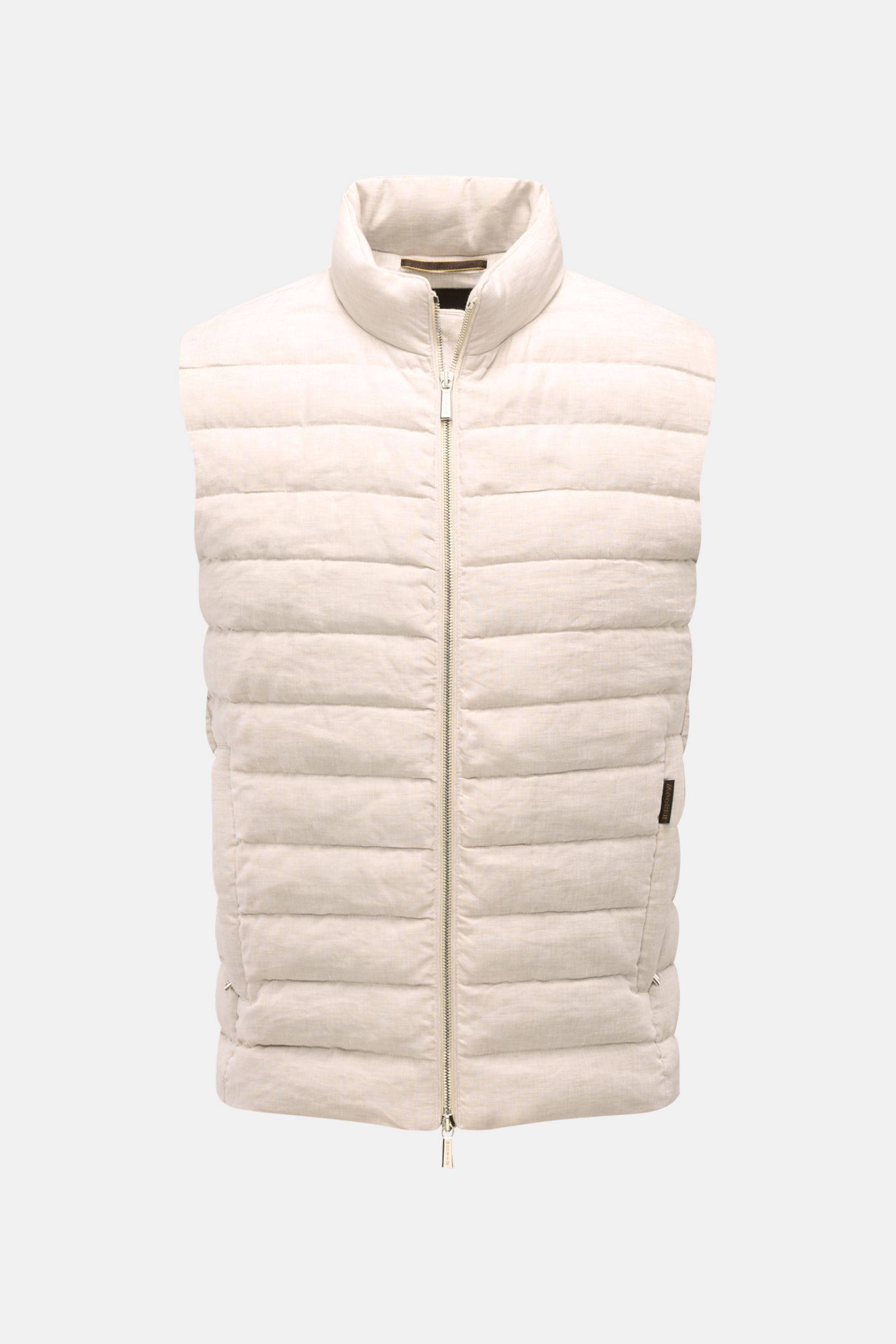 Front view of the Moorer Down gilet 'Calaf' beige mottled, a slim fit quilted outdoor vest made of pure linen with soft feel, narrow cross quilting, goose down lining, two-way zip, slim standing collar, concealed zip pockets, smooth lining, and one inside