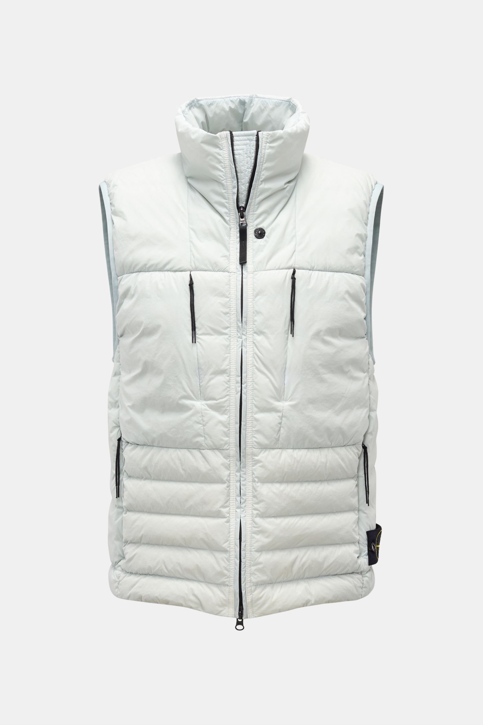Stone Island Daunenweste 'Seamless Tunnel Nylon Down' hellgrau, Frontansicht, elastisches Gewebe, wind- und wasserabweisend, vier Fronttaschen, Slim Fit.