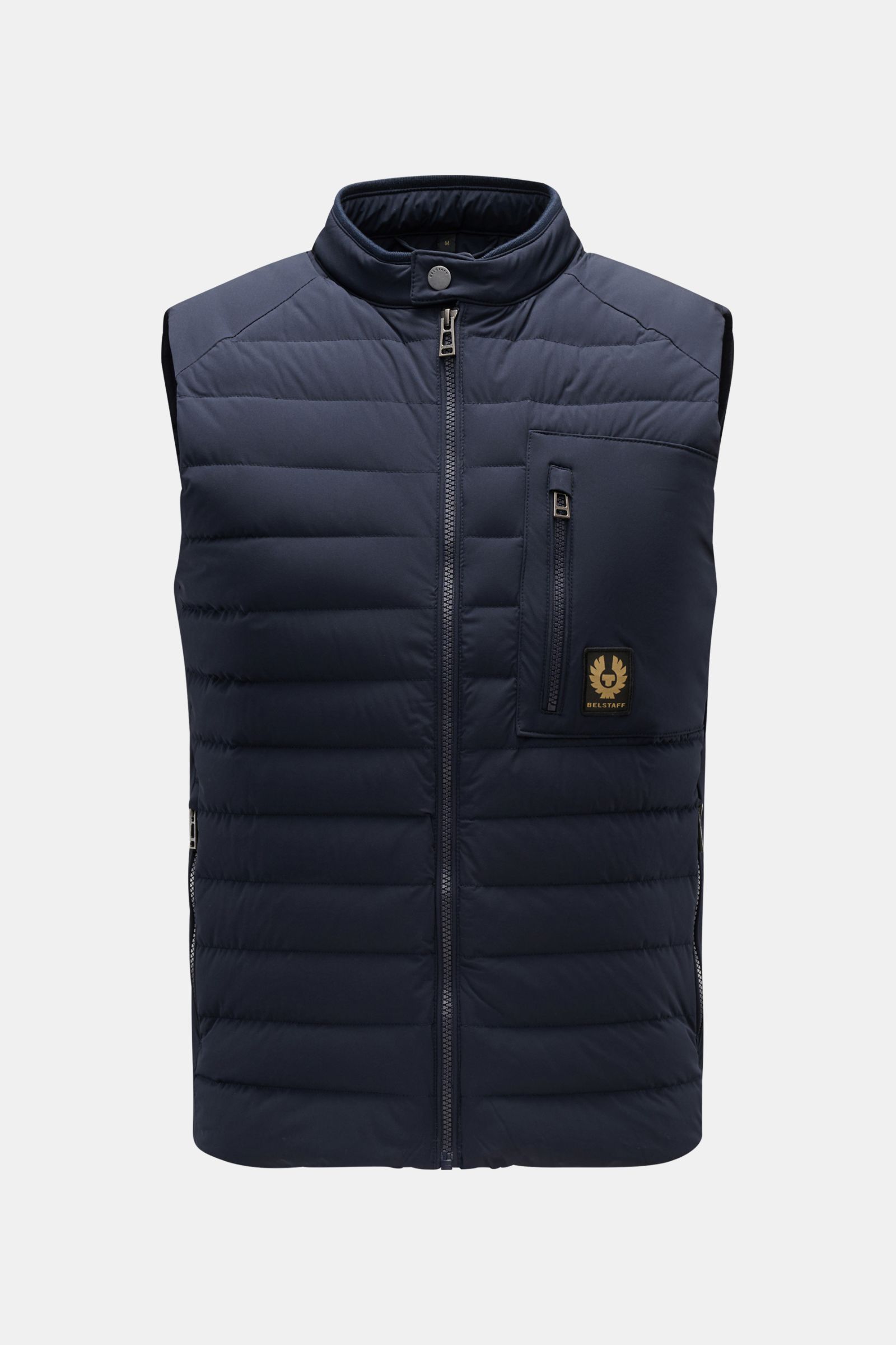 Front view of Belstaff Daunenweste 'Chassis' navy, a slim fit, water-repellent down vest with stand-up collar, robust zipper, three zippered pockets, smooth microfiber fabric, and detailed design.

Description: Unverzichtbares Outdoor-Must-have im läss