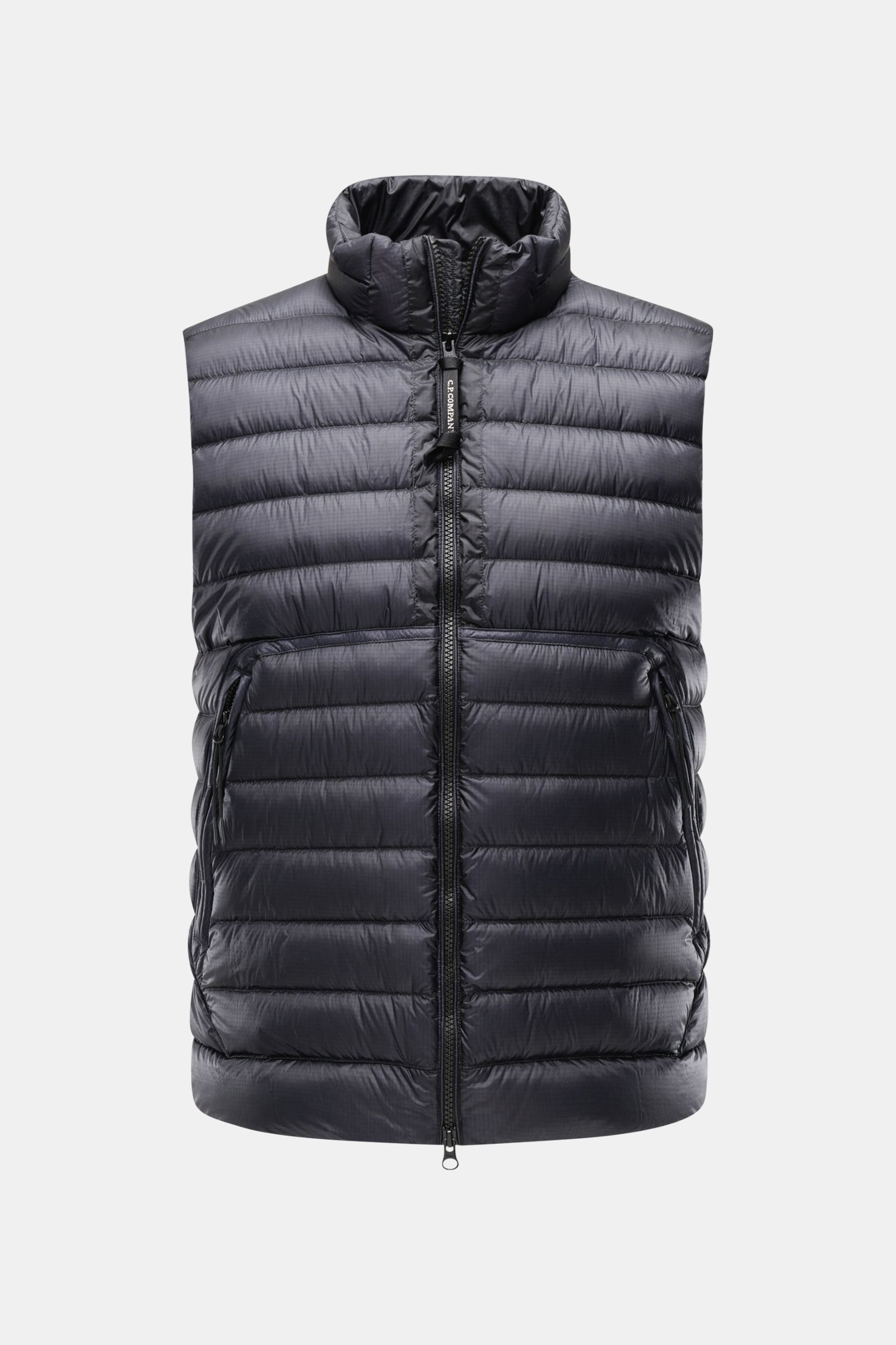 Front view of C.P. Company Daunenweste 'D.D. Shell' dark navy with quilted, water-repellent Ripstop microfiber, slim fit, and two-way zipper.