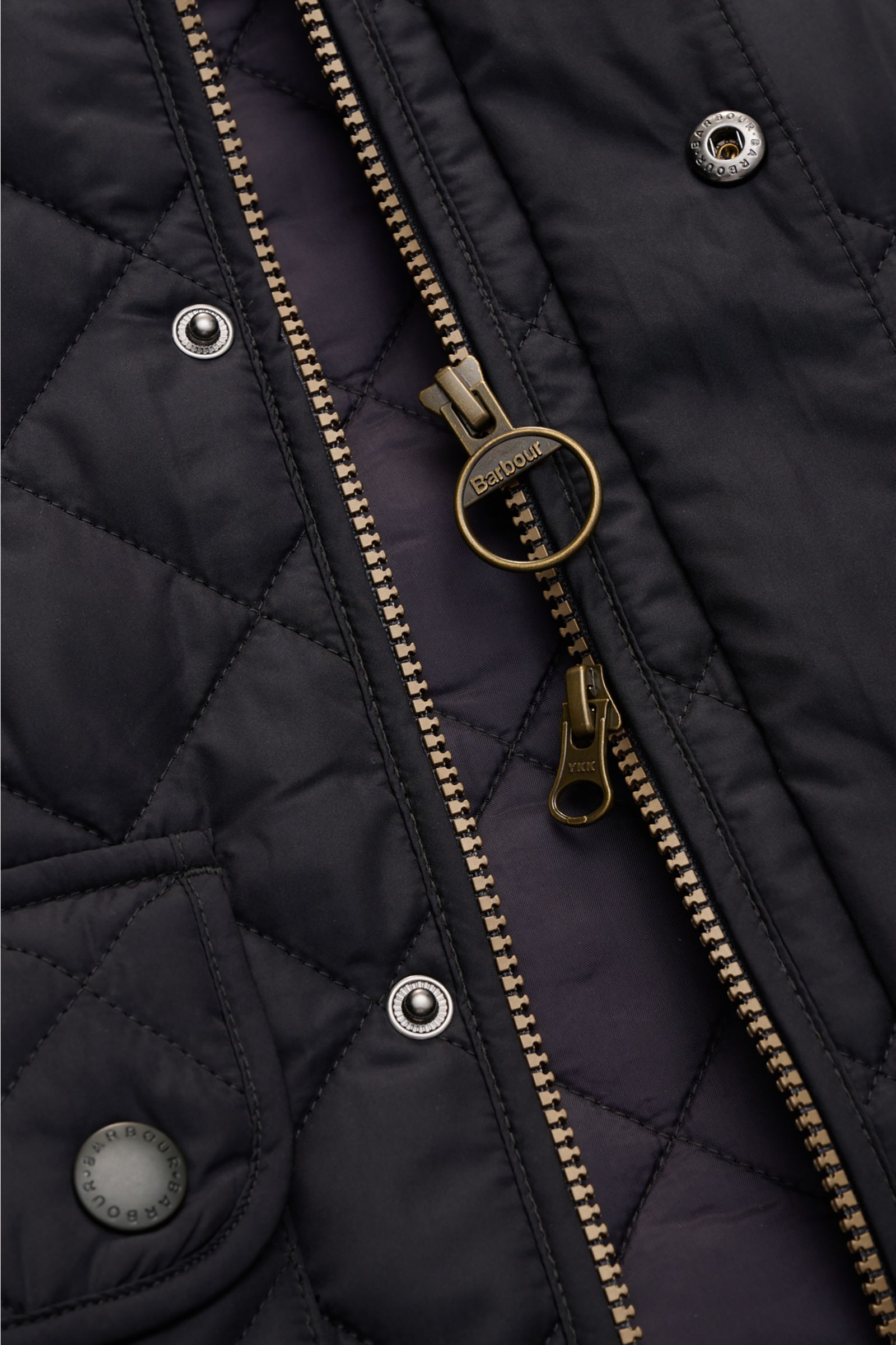 Nahaufnahme der Barbour Steppweste 'New Lowerdale' dark navy, zeigt tonale Rautensteppung, robusten Zwei-Wege-Reißverschluss mit Metallring, Druckknöpfe, weiche Microfaser und Innentasche mit Zipper.