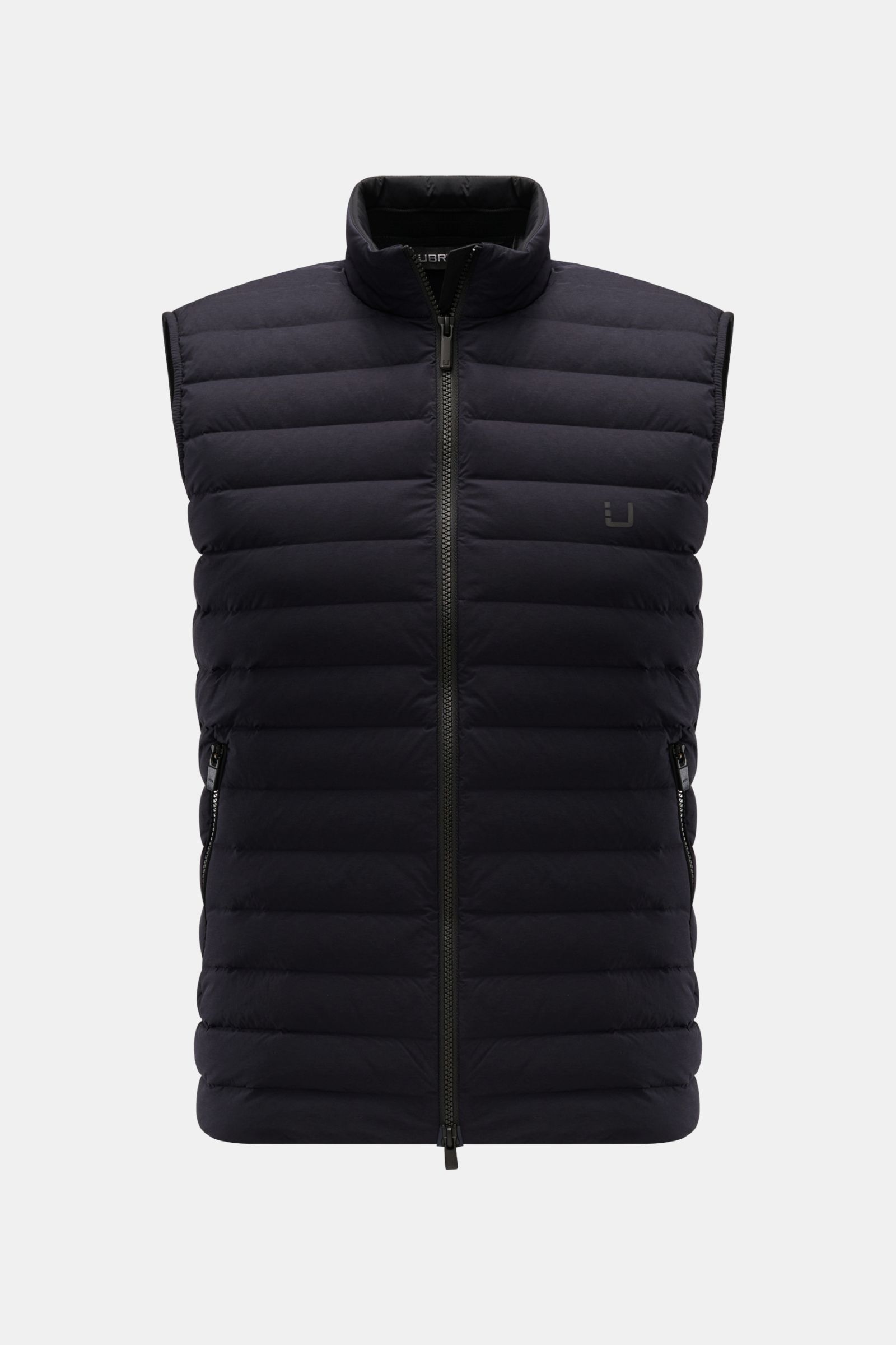 Front view of UBR Daunenweste 'Supersonic' navy, a slim fit, water-repellent down vest with elastic microfiber, high collar, two-way zipper, angled zip pockets, reflective logo, and elastic hem and cuffs.
