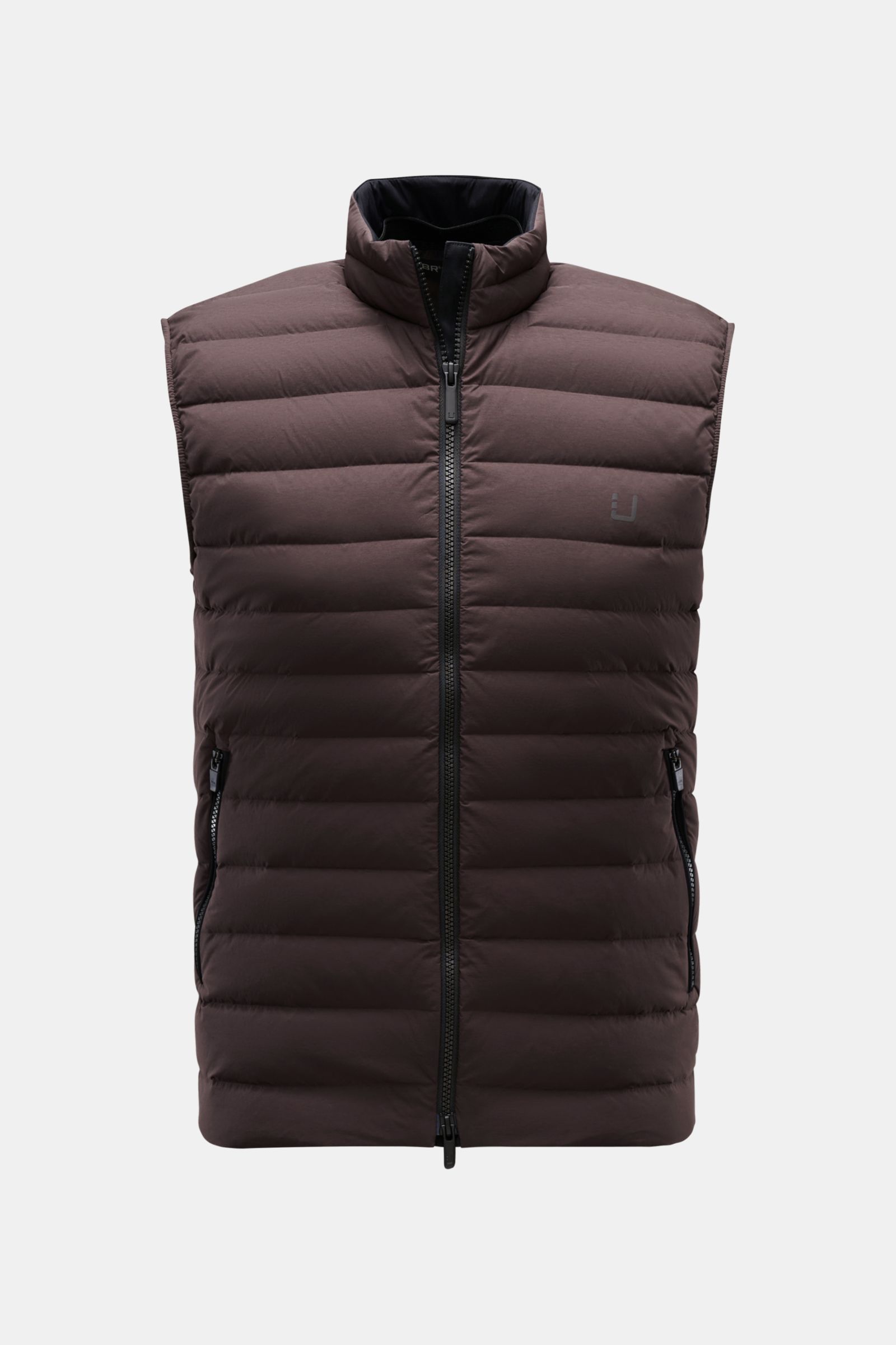 Front view of UBR Down gilet 'Supersonic' grey-brown, made of high-quality stretchy microfibre with ultra-light warm down lining, slim fit, two-way zip, high collar, slanted zip pockets, reflective logo, elastic hem and cuffs, and one inside zip pocket. W