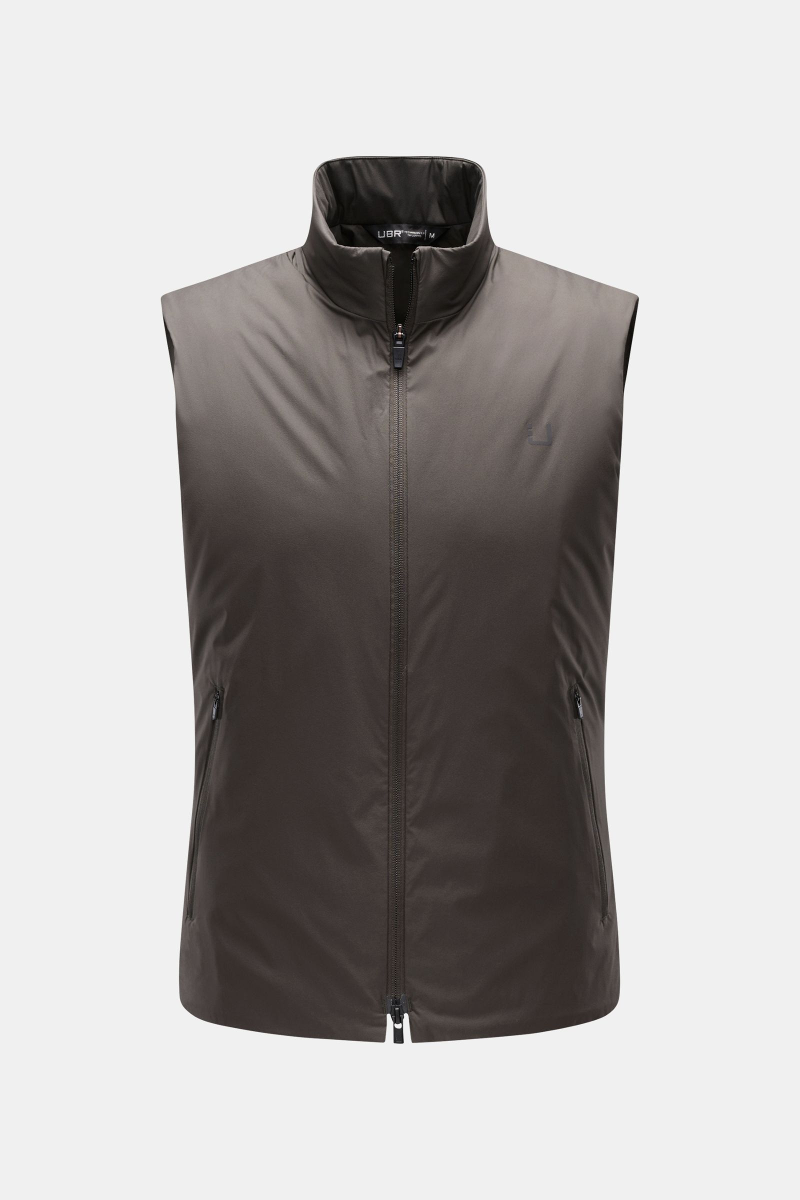 UBR Outdoor-Weste 'Raptor' oliv, frontale Aufnahme, Slim Fit, hochwertige Microfaser, leichte Wattierung, zwei-Wege-Reißverschluss, Stehkragen, schräge Zipper-Taschen, reflektierende Details.