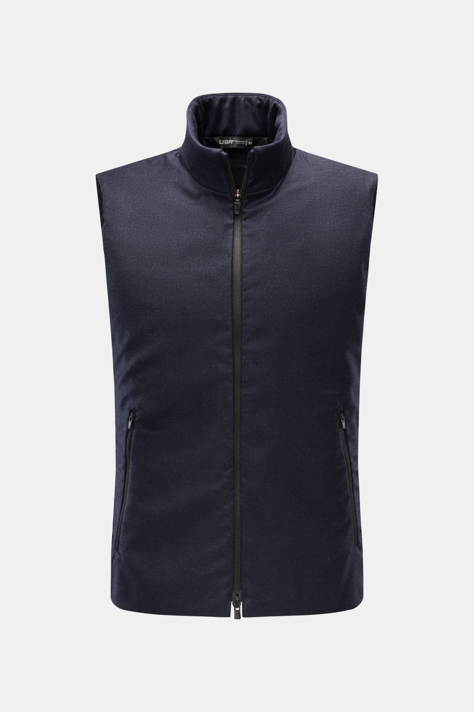 UBR Outdoorweste 'Raptor Savile' navy meliert, front view of slim fit vest in pure wool with two-way zipper, stand-up collar, slanted pockets, soft lining, and lightweight padding for optimal comfort.