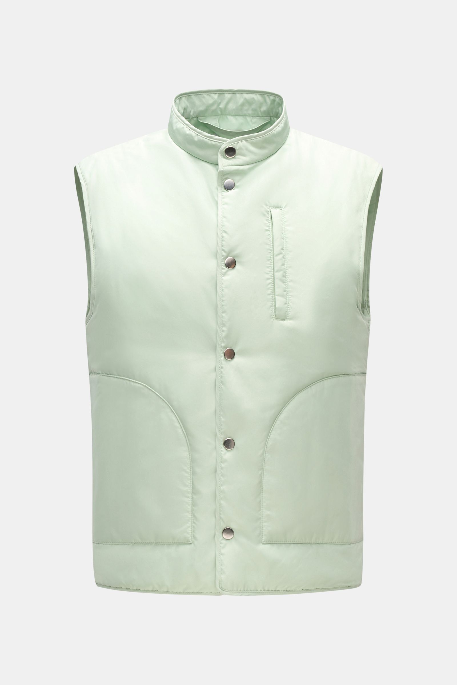 Vorderansicht der pastellgrünen 04651/ A trip in a bag Outdoorweste 'Padded Nylon' mit Stehkragen, Five-Knopf-Leiste, Brust- und Fronttaschen aus glatter Microfaser für sportive Layering-Looks.