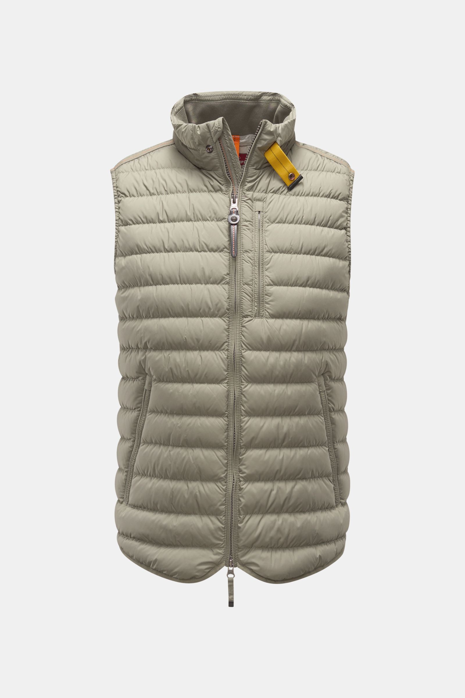 Parajumpers Down gilet 'Perfect' sage shown from the front, lightweight, slim fit, with high collar, zip pockets, and contrasting yellow collar tab. The incredibly lightweight and comfortable down gilet 'Perfect' by PARAJUMPERS features a classic desig