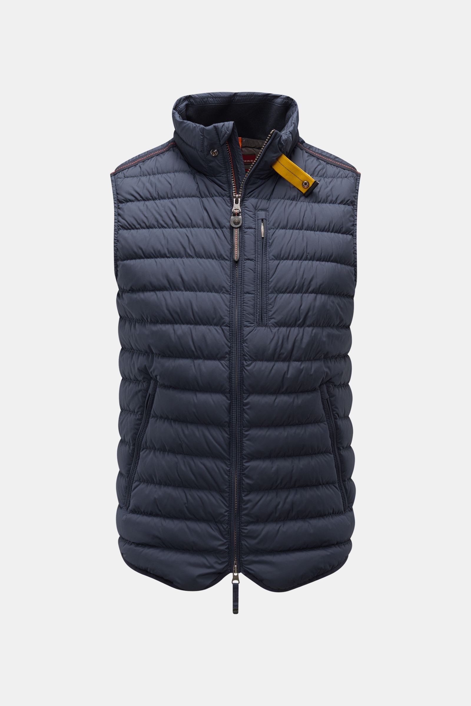 Parajumpers Down gilet 'Perfect' navy shown from the front, lightweight, slim fit with high collar, zip pockets, yellow collar tab, breathable water-repellent microfiber.

The incredibly lightweight and comfortable down gilet 'Perfect' by PARAJUMPERS f