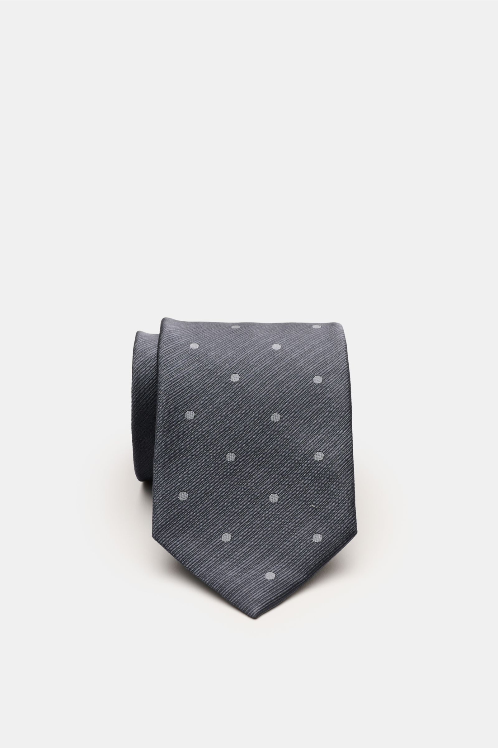 Tom Ford Seidenkrawatte dunkelgrau/grau gepunktet, pure silk, subtle sheen, polka-dotted, front view, 8 cm wide.