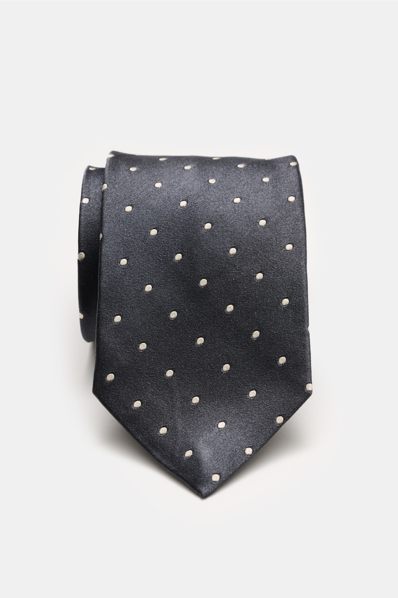 Tom Ford Seidenkrawatte anthrazit/creme gepunktet, reine Seide, dezenter Glanz, monochromes Futter, Logo-Stitching, 8 cm breit, Frontansicht, made in Italy.