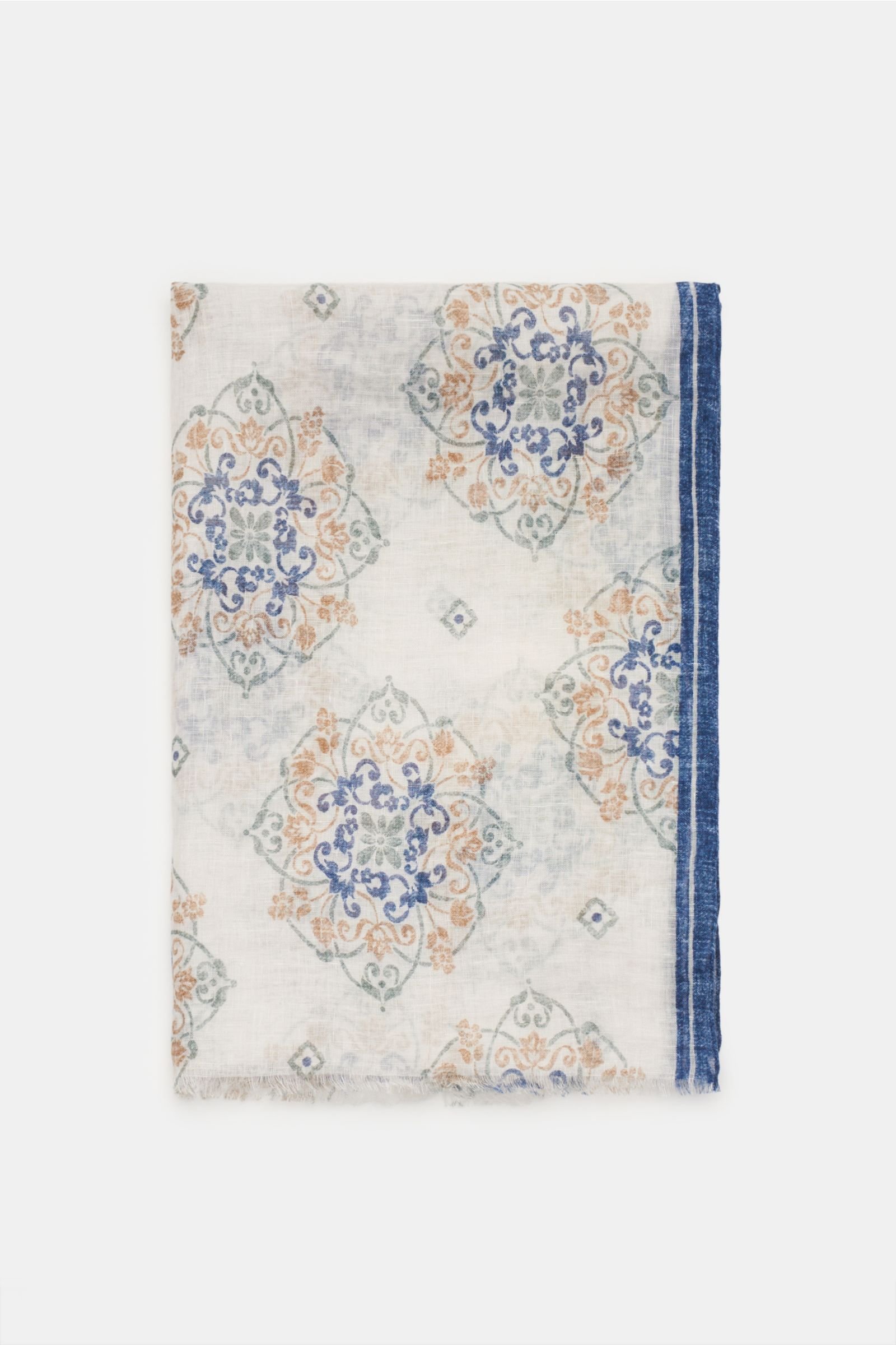 Linen scarf 'Giglio' off-white/grey-blue patterned