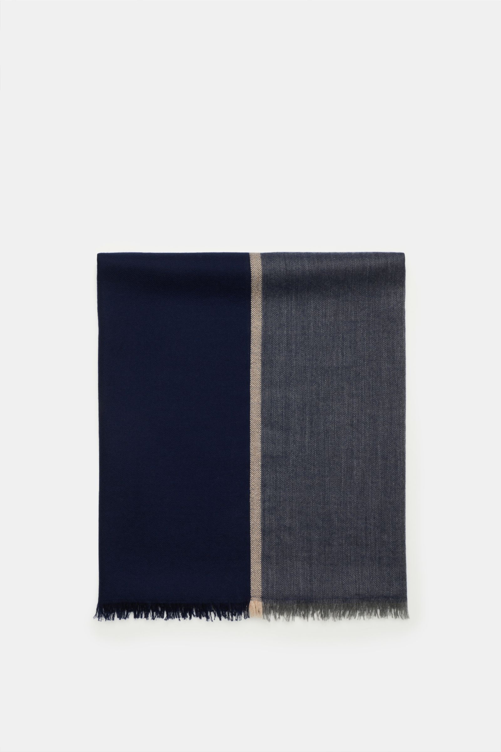 Brunello Cucinelli Schal navy/grau, rechteckig gefaltet, Bicolor-Design mit schmalem Fransensaum, aus Cashmere und Seide, weich und edel.