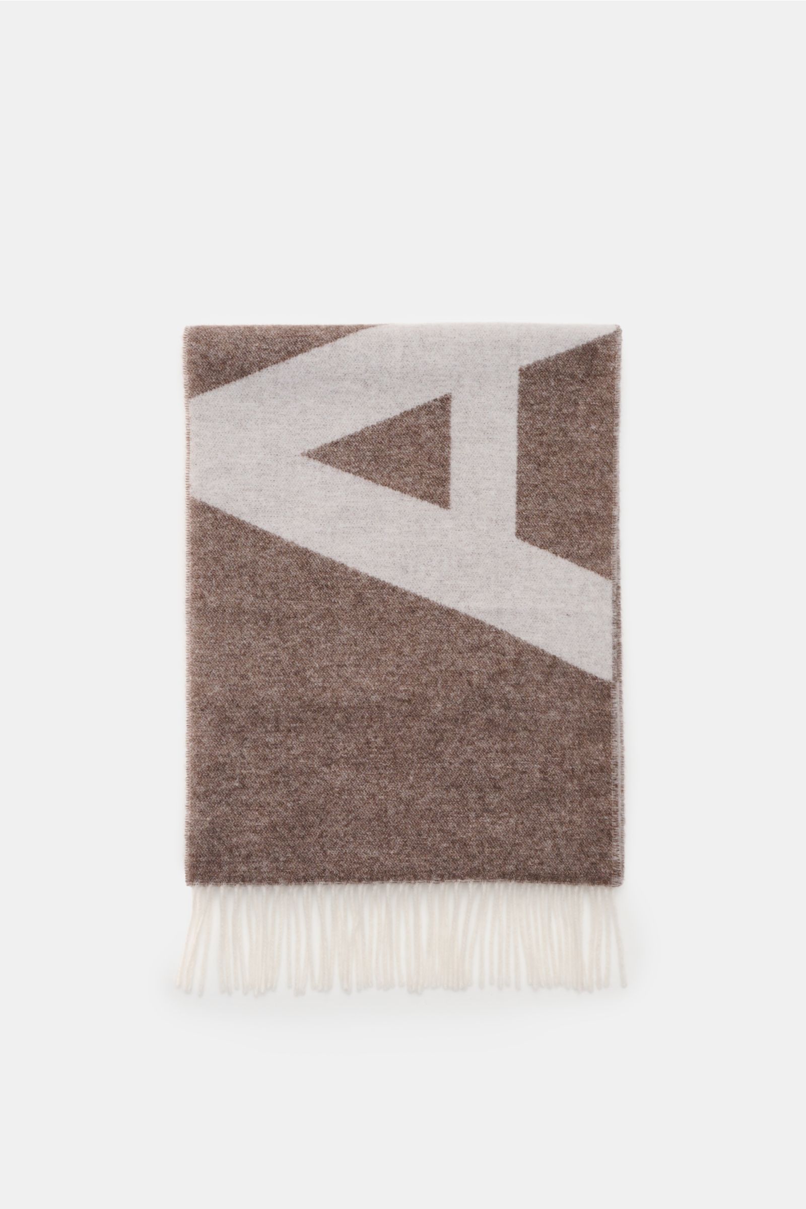 A.P.C. Schal braun/offwhite, von oben fotografiert, mit weichem Griff, Doubleface-Design, großflächigem A.P.C.-Logo, Fransen, Mix aus Wolle und Microfaser, ca. 205x38 cm.