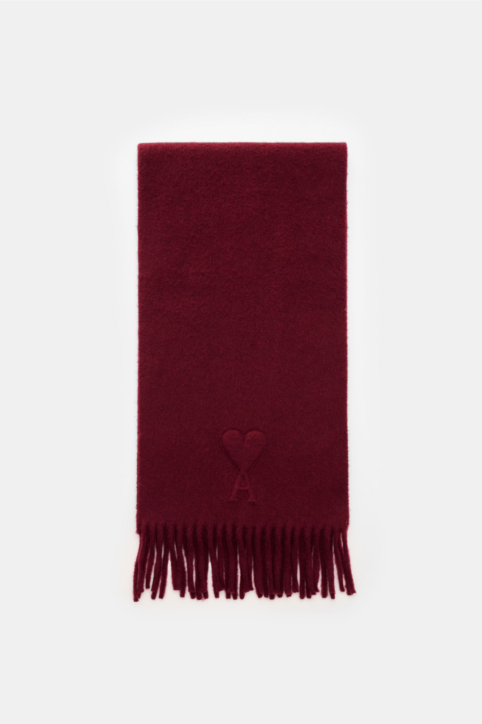 Ami Paris Schal bordeaux aus gewalkter Wolle, frontal fotografiert mit Fransenkante und erhabenem 'Ami de Cœur'-Logo, weich und unisex.