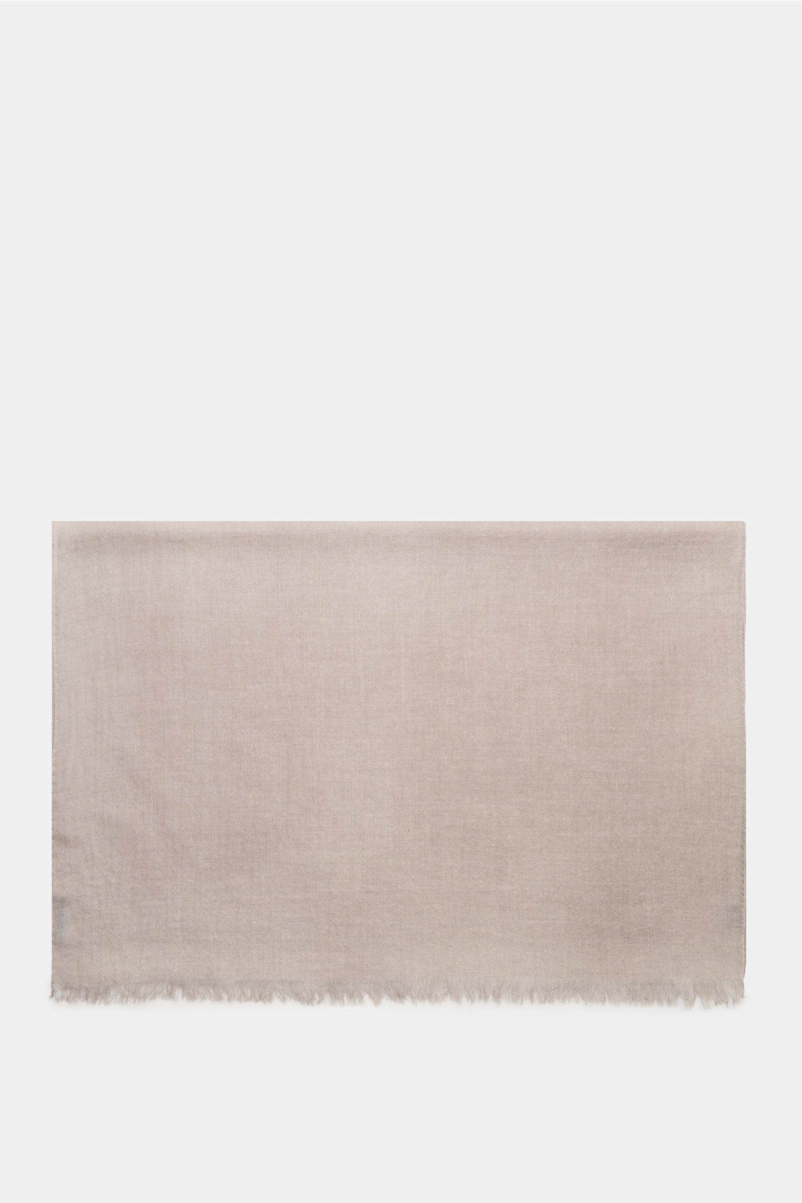 Top-down view of the Colombo Scarf taupe laid flat, showing fine cashmere and silk blend, soft feel, very lightweight fabric, narrow fringed edges, dimensions approx. 196 cm x 70 cm.
