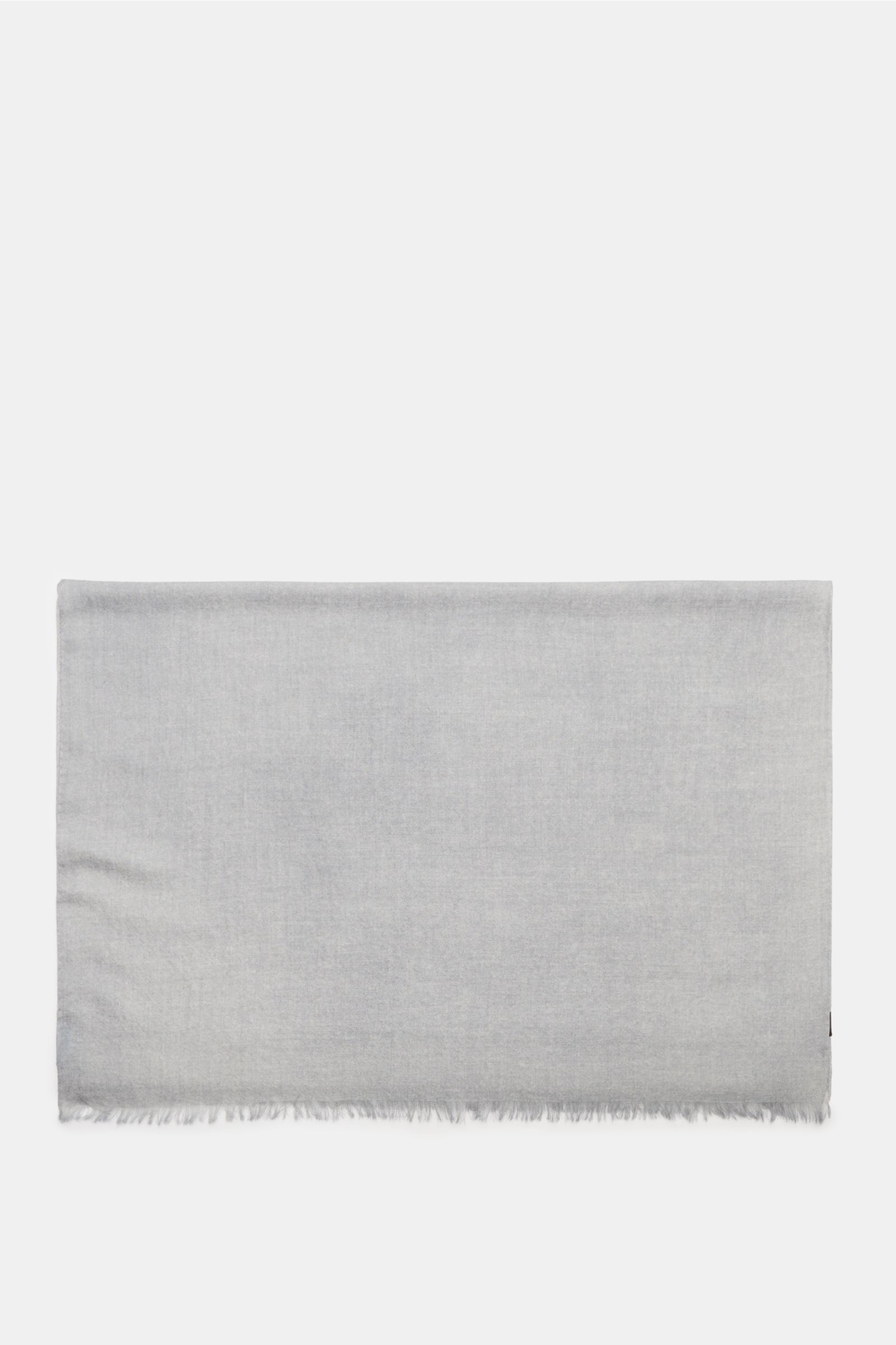 Top-down view of the Colombo Scarf grey, showcasing fine cashmere and silk blend, soft feel, very lightweight fabric, narrow fringed edges, dimensions approx. 196 cm x 70 cm.
