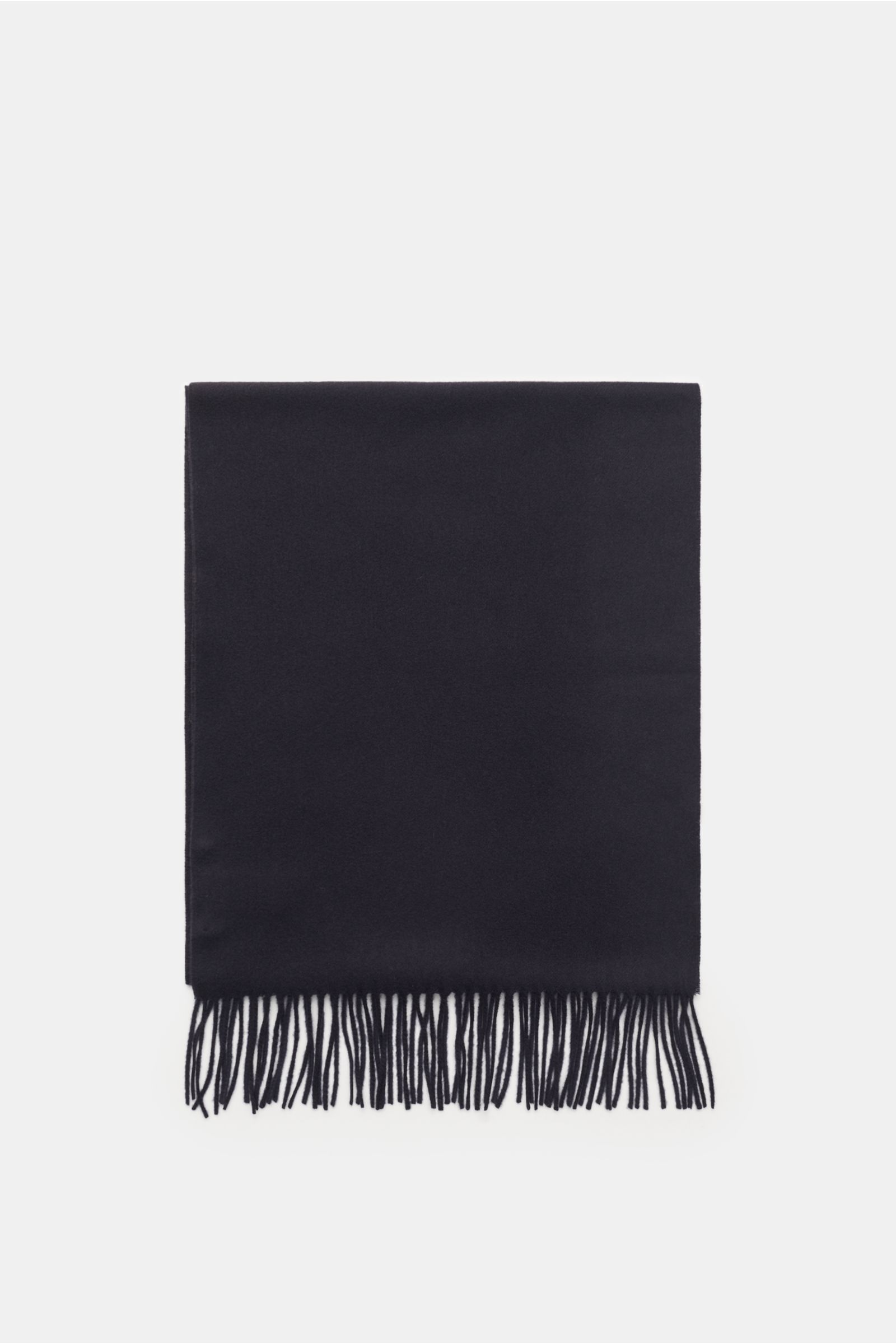 Front view of Moorer Cashmere scarf 'Kade' navy, folded with fringed edges on both sides, pure cashmere, soft touch, dimensions approx. 172 cm x 35 cm.