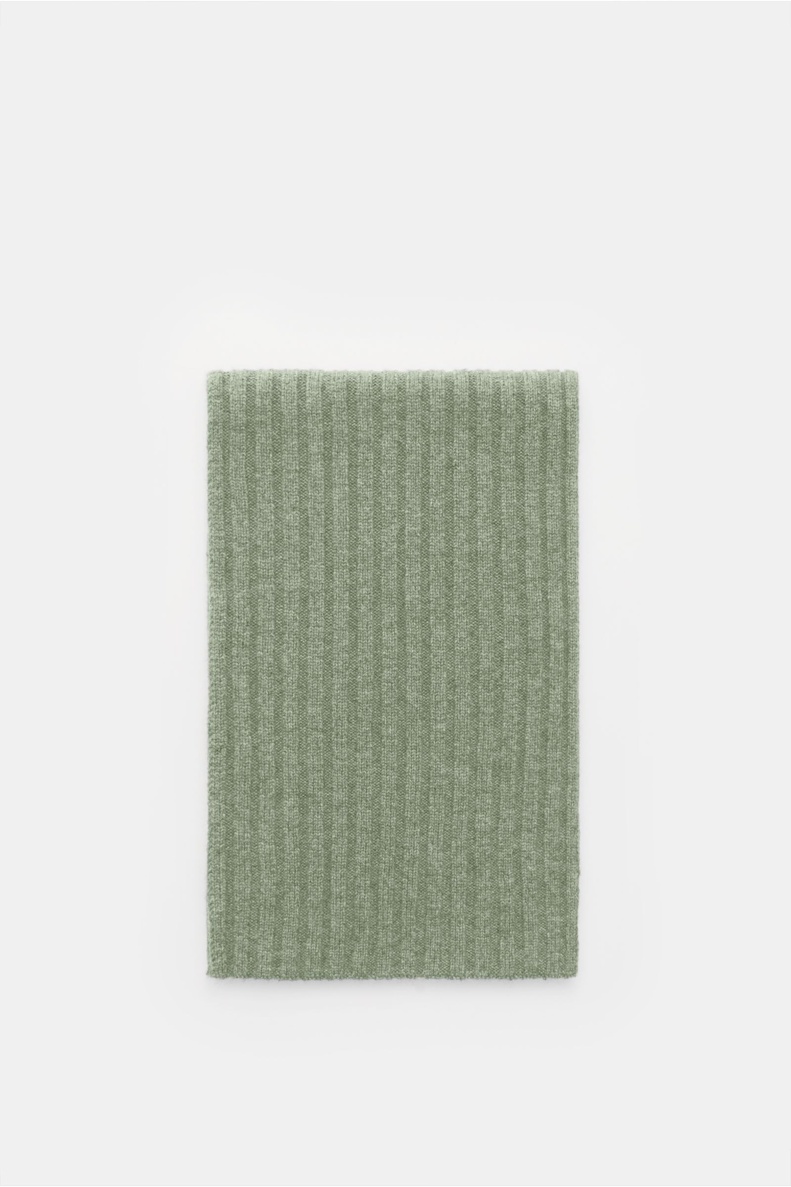 Von oben fotografierter von Braun Cashmere Schal graugrün aus reinem mongolischen Cashmere mit klassischem Rippstrick-Design, weich und fein.