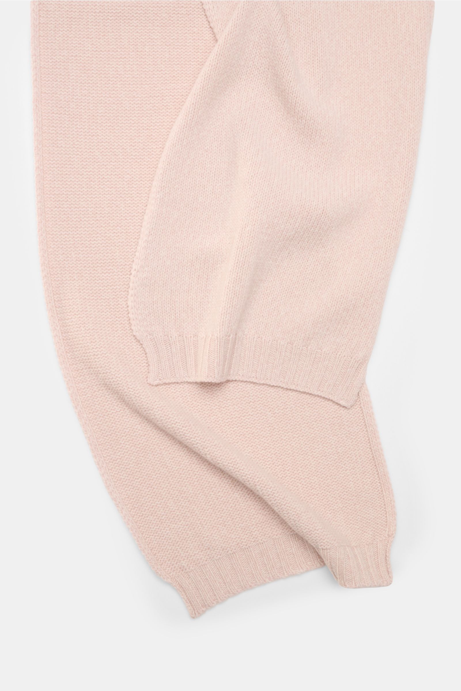 04651/ A trip in a bag Schal 'Mouline Scarf' rosé meliert, weich, aus Woll-Cashmere-Mix mit Rippstrickkanten, liegend von oben fotografiert.