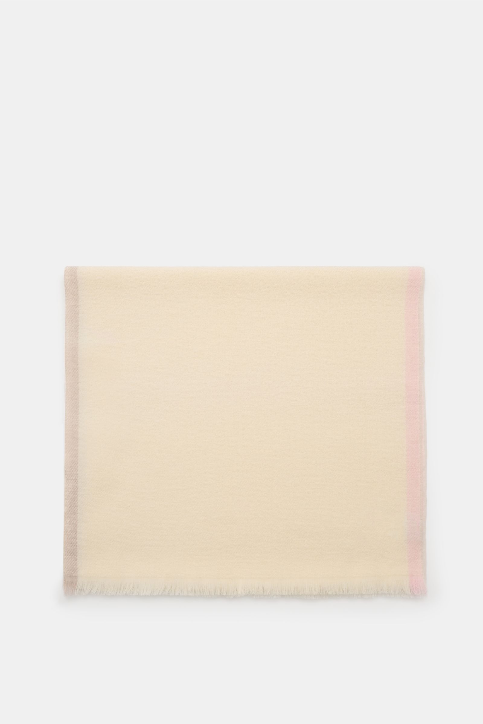 Top-down view of the 04651/ A trip in a bag Scarf cream, a finely woven bouclé scarf with narrow fringed edges, soft virgin wool blend, approx. 180 cm x 50 cm, featuring subtle beige and pink border stripes, luxurious winter comfort.