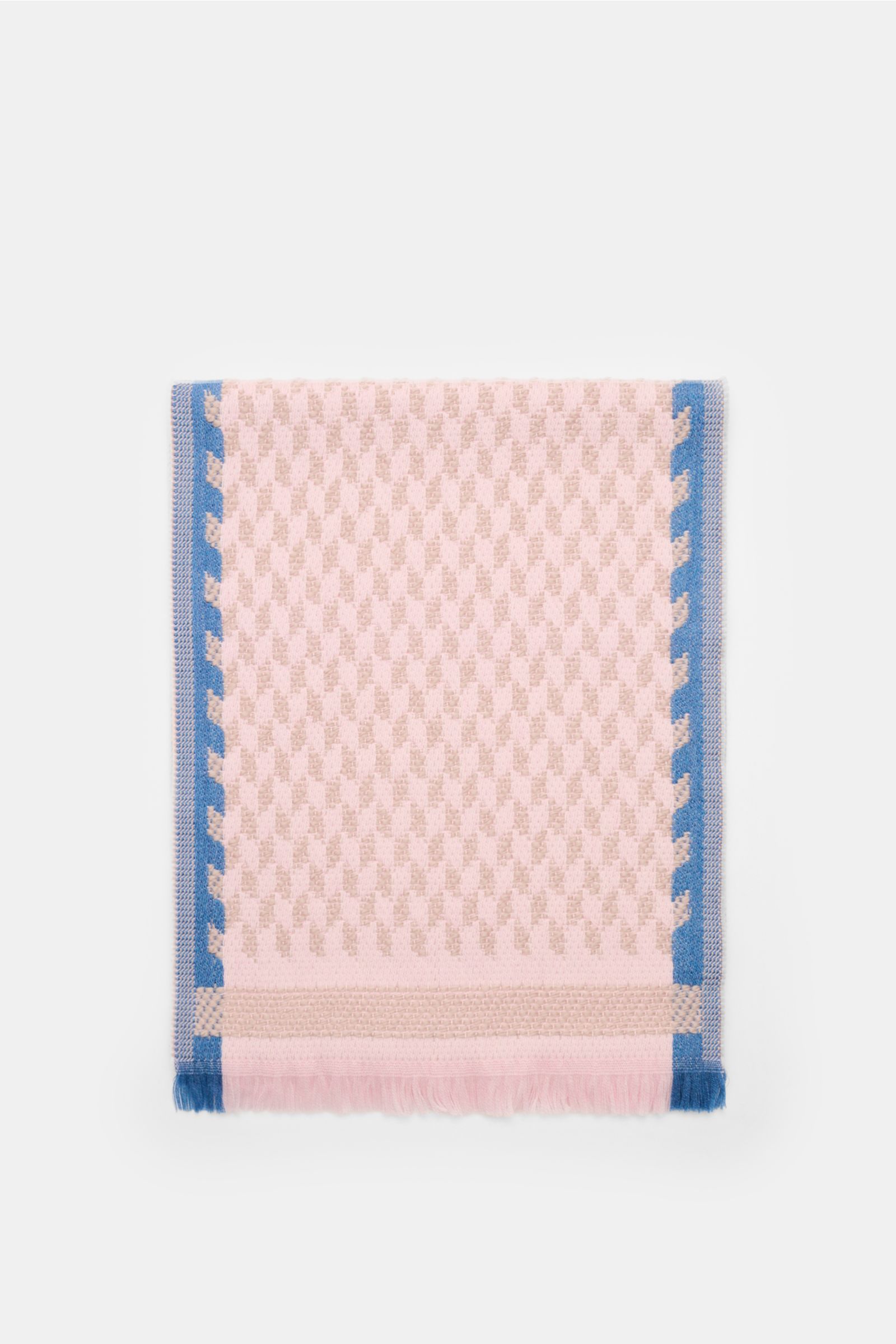 Top-down view of the 04651/ A trip in a bag Scarf '3D Jacquard' rose/beige/smoky blue patterned, a jacquard scarf made of pure virgin wool with a soft feel, graphic pattern, narrow fringed edge, and dimensions approx. 190 cm x 37 cm; a luxurious eye-catch