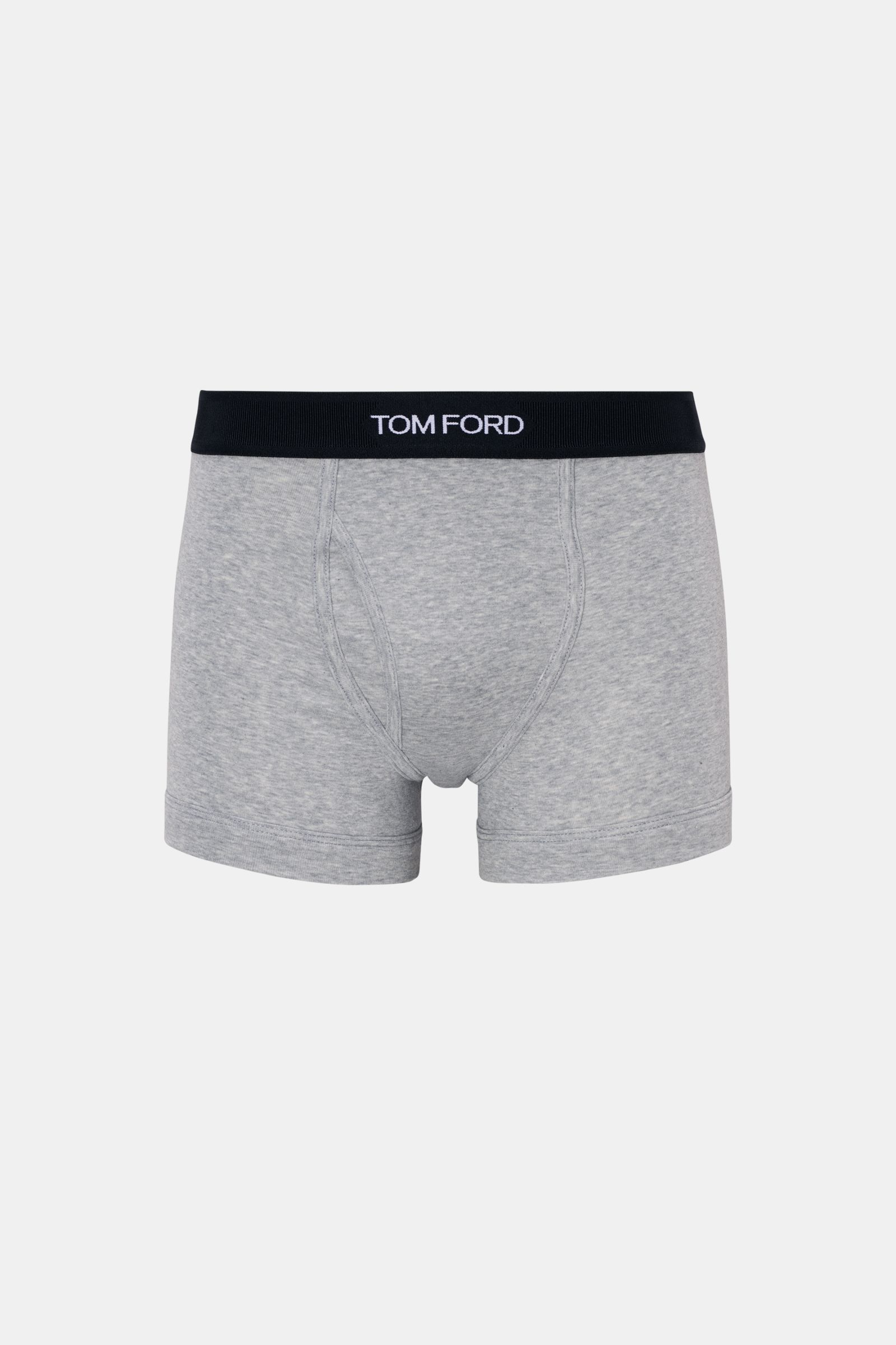 Front view of Tom Ford Boxer shorts grey in slim fit, elastic cotton with soft touch, keyhole fly, and black waistband with TOM FORD stitching.