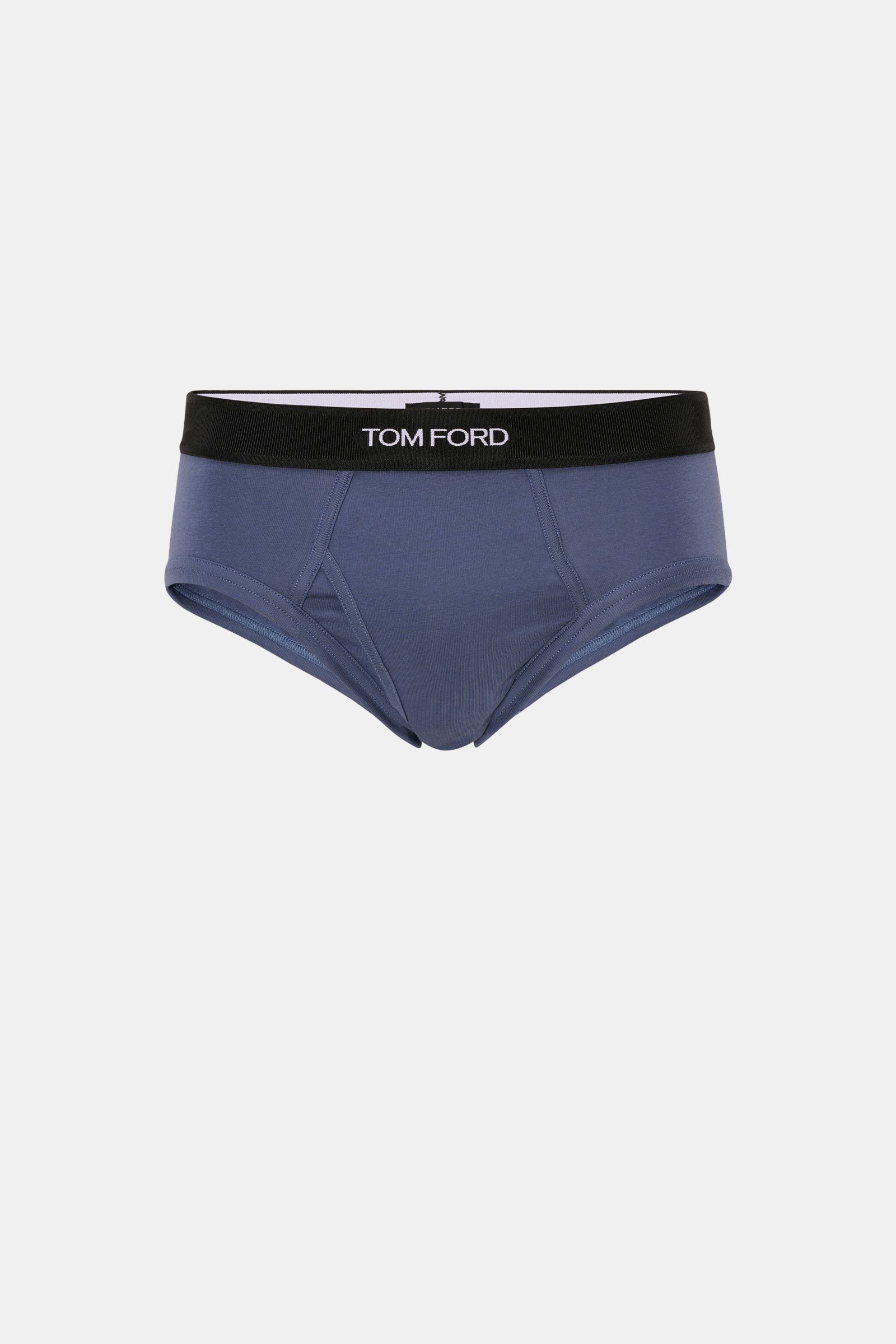 Front view of Tom Ford Sport Slip graublau in soft grey-blue jersey with black elastic waistband featuring TOM FORD stitching, slim fit, elastic cotton, soft touch, and side fly opening for comfort. Für den richtigen Wohlfühlfaktor wählen wir die schli