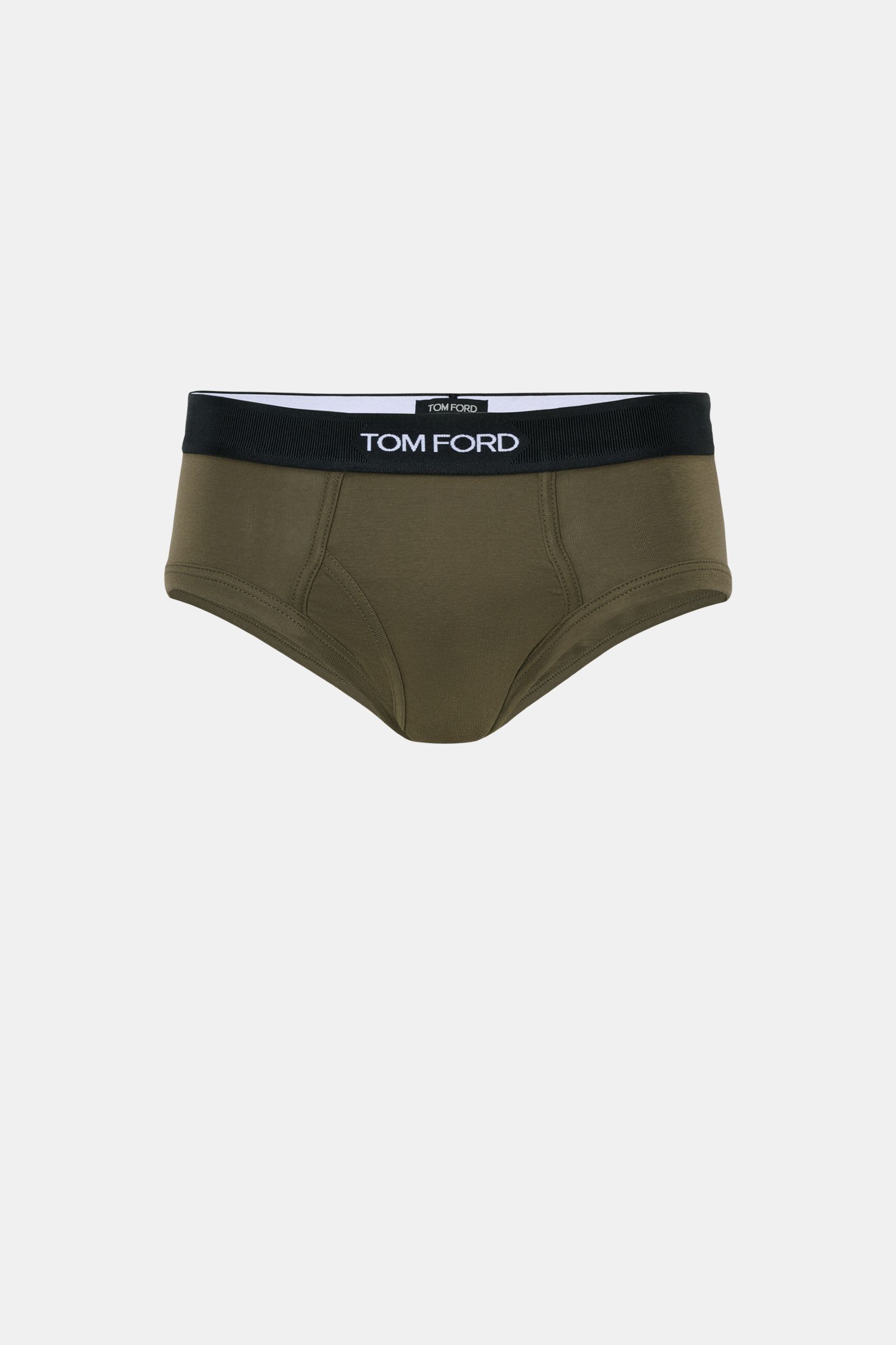 Tom Ford Sport Slip dark olive aus elastischer Baumwolle mit weichem Griff, Slim Fit, elastischem Bund mit TOM FORD-Stitching, seitlicher Eingriff, Frontansicht.