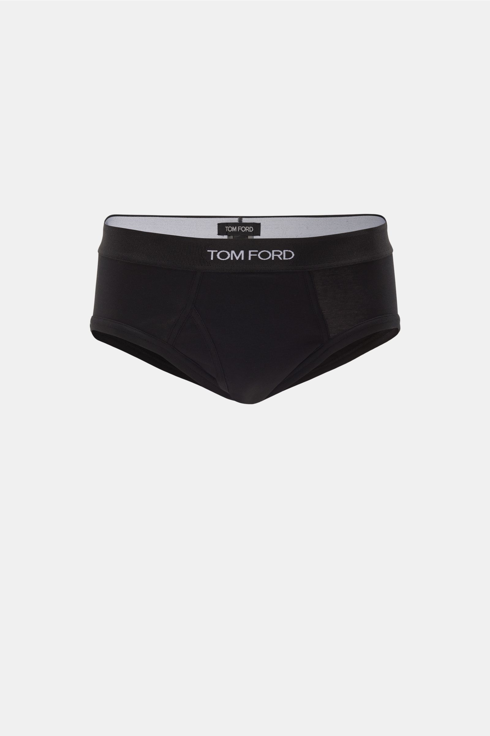 Front view of Tom Ford Sport Slip schwarz in black, made of elastic cotton with a soft touch, close-fitting, featuring a wide elastic waistband with TOM FORD stitching and a practical side opening. Also noted: comfortable luxury, high standards, fine cott